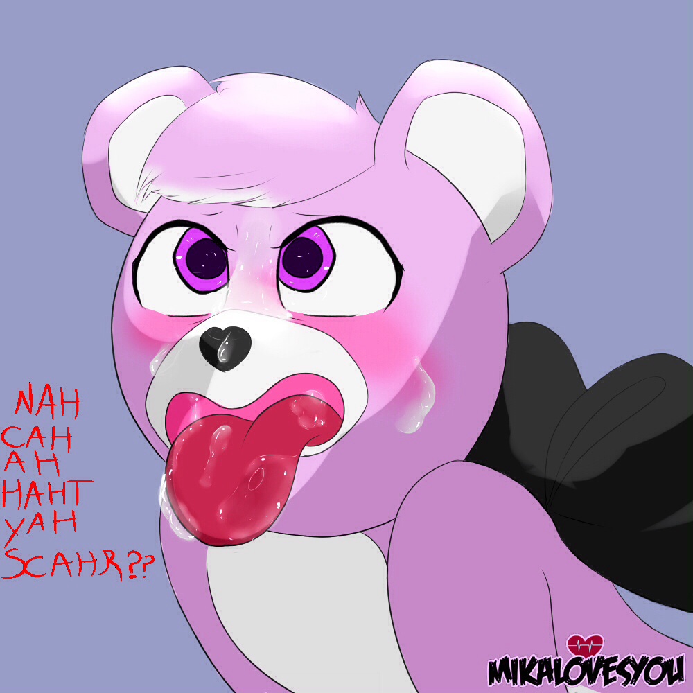 1girls 2018 anthro bear blush cuddle_team_leader cum digital_media_(artwork) english_text female fortnite fur furry hi_res mammal mikalovesyou nude open_mouth simple_background solo tagme text tongue tongue_out video_games