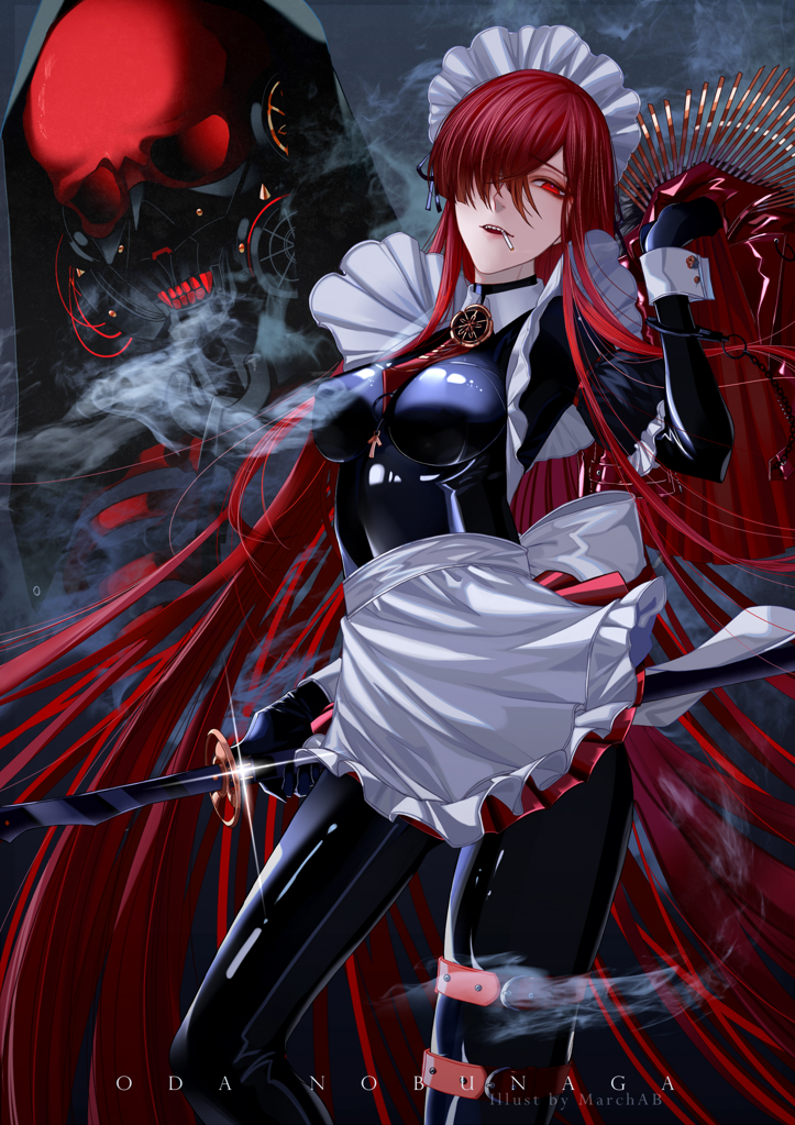 1girls bodysuit fate/grand_order fate_(series) latex latex_bodysuit long_hair looking_at_viewer maid_headdress maid_uniform march_ab oda_nobunaga_(fate) red_eyes red_hair smoking