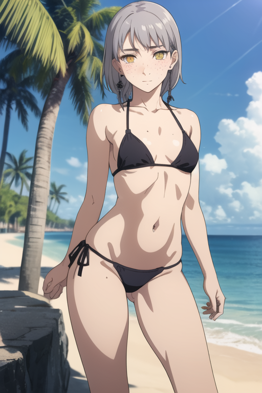 ai_generated beach bikini black_bikini blush chainsaw_man fami_(chainsaw_man) freckles grey_hair looking_at_viewer ocean palm_tree petite sand seductive short_hair small_breasts standing thighs water yellow_eyes