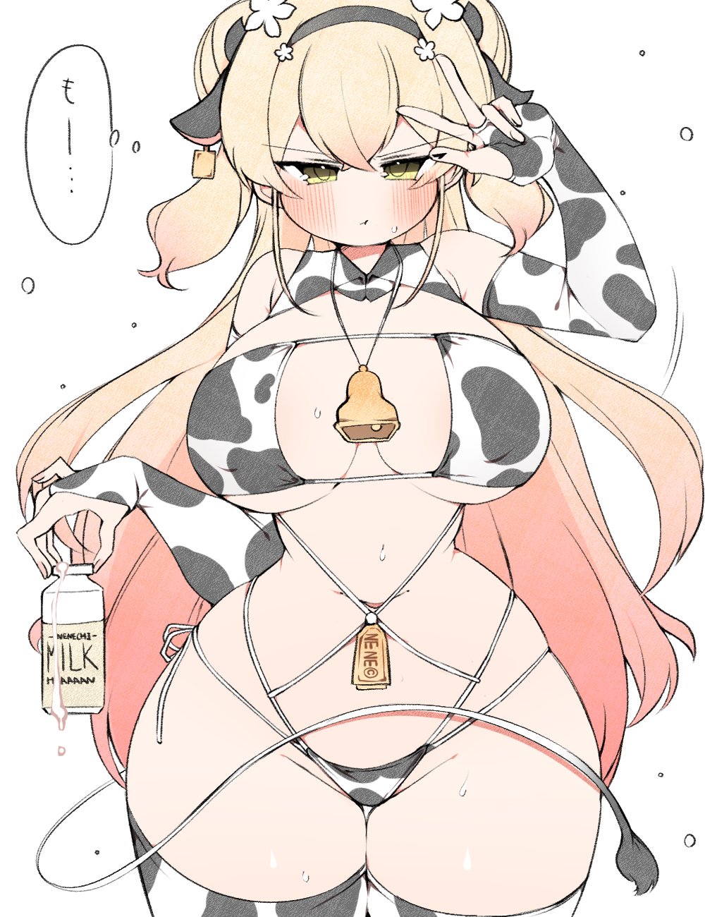 big_breasts bikini blonde_hair blush blushing breasts cow_print cowbell hair hololive hololive_gen_5 hololive_japan hourglass_figure kuma_no_bansoukou long_hair looking_at_viewer momosuzu_nene needs_larger_breasts peace_sign thick_thighs virtual_youtuber wide_hips