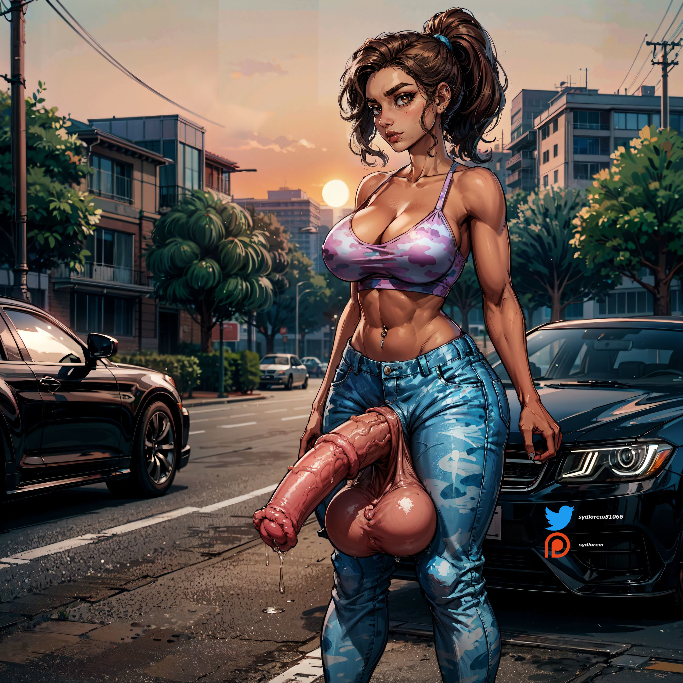 1futa, ai generated, balls, big balls, big breasts, big penis, big testicles, breasts, camouflage, car, dickgirl, flaccid, flaccid penis, futa only, futanari, grand theft auto vi, highres, horse penis, horsecock, horsecock futa, human with animal genitalia, human with horsecock, intersex, large balls, large breasts, large penis, latina, low hanging balls, lucia caminos, pants, penis, public, self upload, street, sydlorem, testicles, thick penis, thick thighs, uncensored, veiny penis