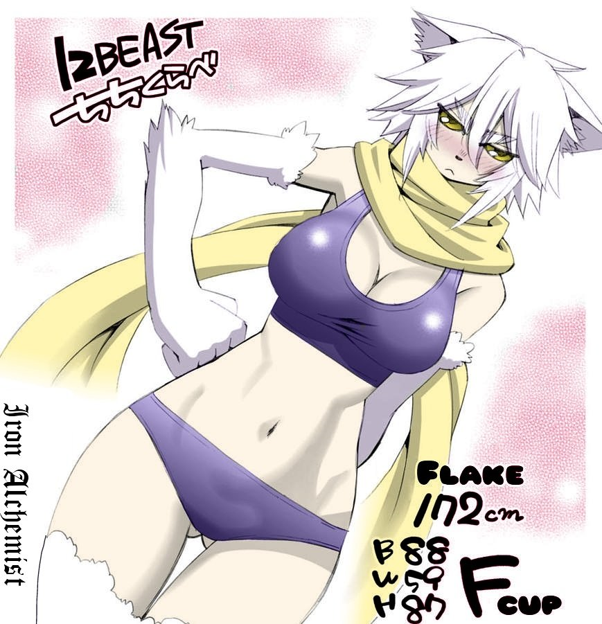 12_beast 1girls abs big_breasts bikini blush breasts canine clothed colored embarrassed freki_(12_beast) humanoid okayado scarf text thigh_gap werewolf white_fur white_hair wolf wolf_ears wolf_girl wolf_tail