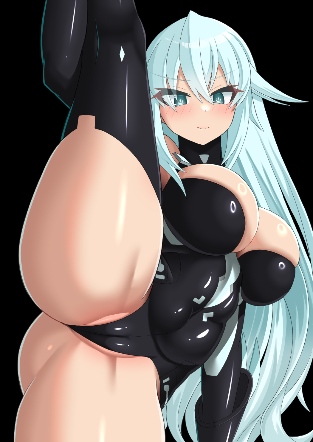 artist_request ass big_breasts black_heart blue_eyes bodysuit breasts cameltoe cleavage close-up front_view goddess holding_leg light-skinned_female long_hair looking_down neptunia_(series) noire pose shiny skin_tight smile solo thick_thighs white_hair