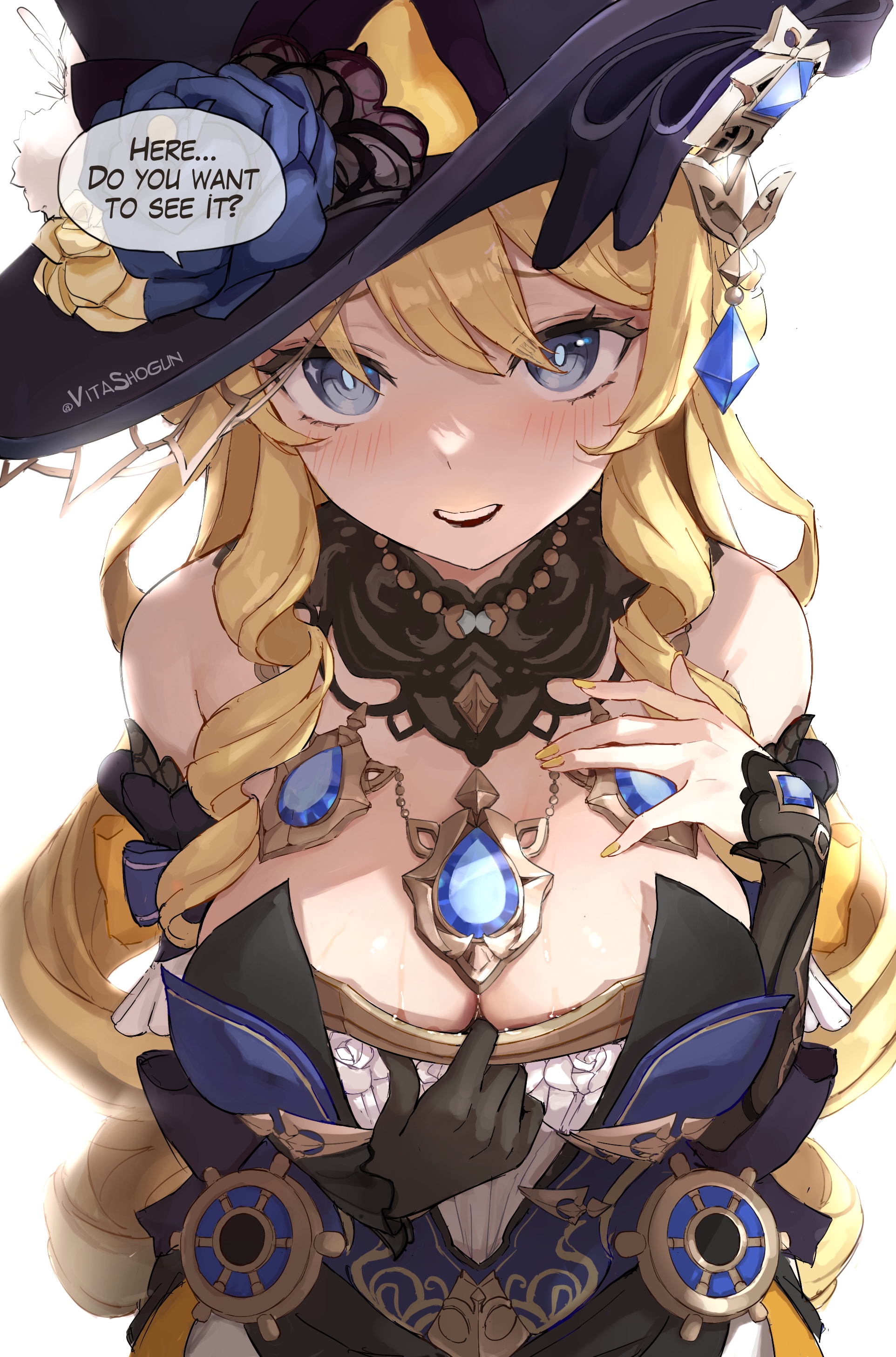 1girls, blonde hair, blue eyes, breasts, busty, cleavage, dress, english text, female, genshin impact, hoyoverse, large breasts, light skin, light-skinned female, looking at viewer, navia (genshin impact), solo female, sweat, sweaty breasts, text bubble, vitashogun