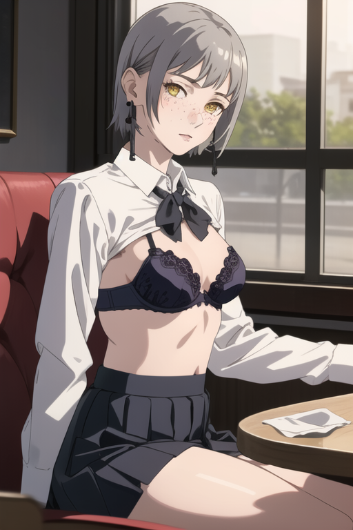 ai_generated black_bra bowtie chainsaw_man earrings fami_(chainsaw_man) freckles grey_hair looking_at_viewer petite restaurant shirt_lift short_hair sitting skirt small_breasts table thighs white_shirt yellow_eyes