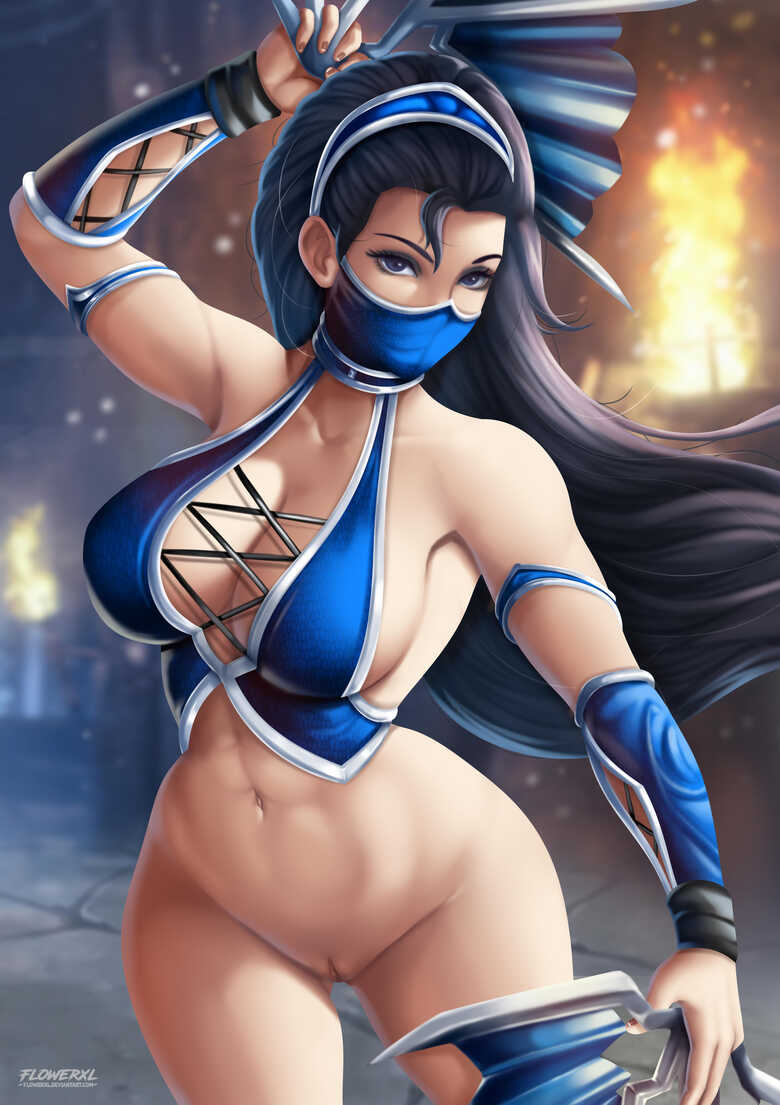 1girls 2d abs alluring armgloves big_breasts black_eyes black_hair cleavage detailed_background female female_only flowerxl front_view kitana long_hair mask midway midway_games mortal_kombat navel pussy solo solo_female solo_focus tiara toned toned_female video_game_character weapon wide_hips