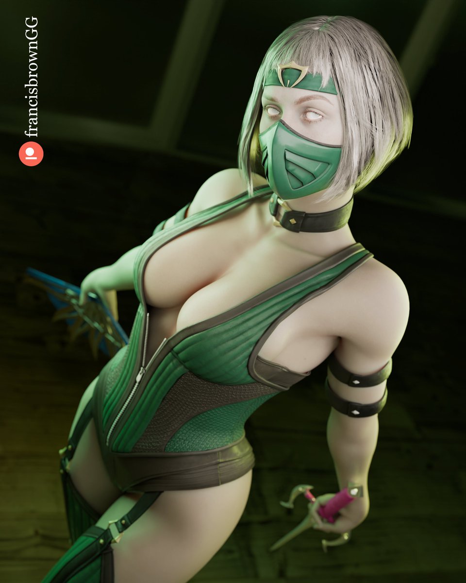 1girls 2023 bob_cut breasts cleavage francis_brown green_clothing khameleon looking_at_viewer mortal_kombat mortal_kombat_1_(2023) mouth_mask seductive_look short_hair solo solo_female text white_eyes white_hair white_skin