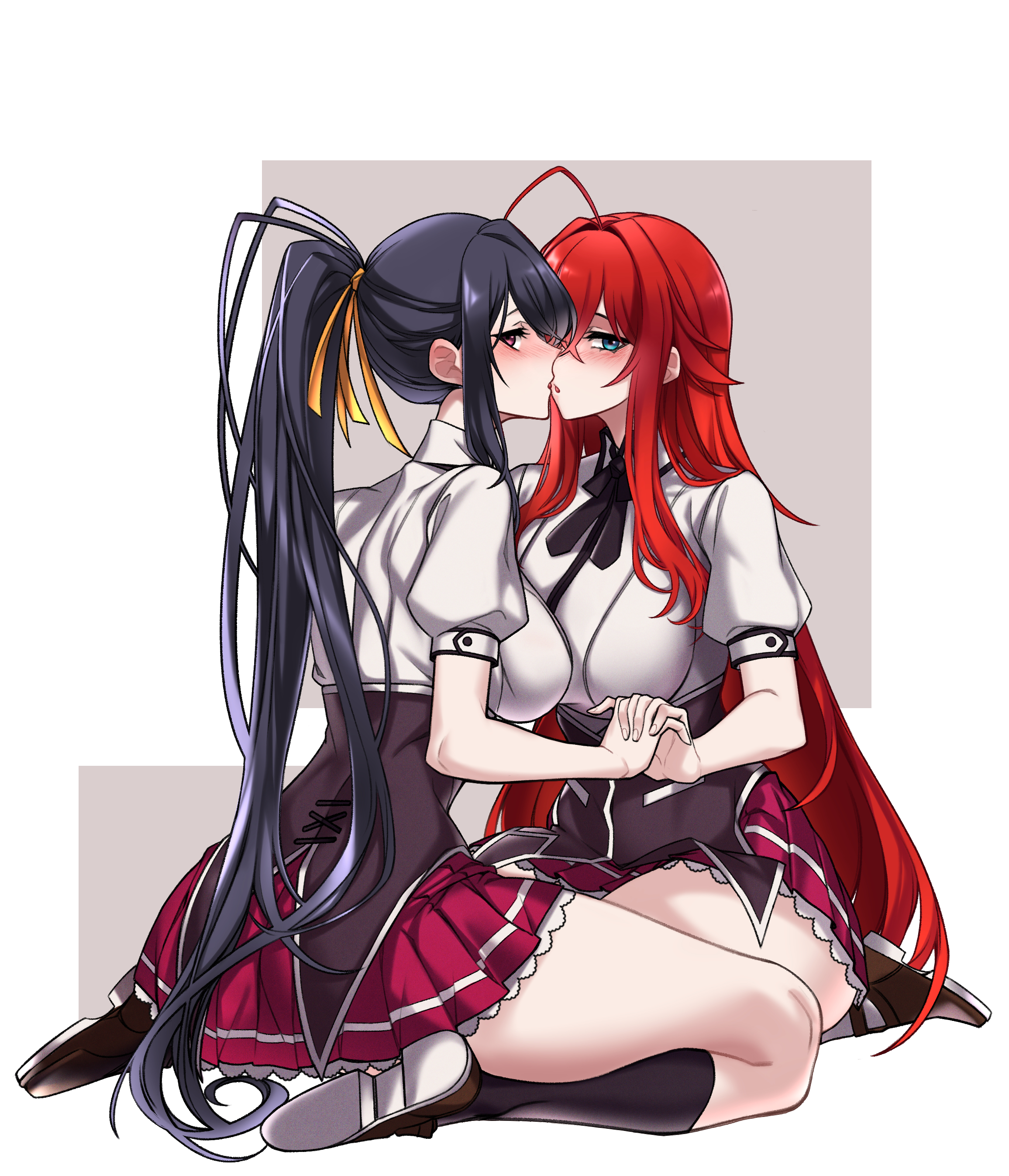 :o, 2girls, absurd res, absurdres, ahoge, akeno himejima, aqua eyes, ascot, ass, asymmetrical docking, back, bare shoulders, black ascot, black hair, blush, breast press, breasts, cleavage, curvy, dogs (dlrkdejr26), female, female only, full body, hi res, high ponytail, high school dxd, highres, holding hands, imminent kiss, kuoh academy school uniform, large breasts, long hair, looking at viewer, miniskirt, multiple girls, parted lips, pleated skirt, red eyes, red hair, red skirt, rias gremory, ribbon, school uniform, serafuku, shirt, shoes, sideboob, sitting, skirt, soles, thighs, very long hair, wariza, white shirt, yellow ribbon, yuri