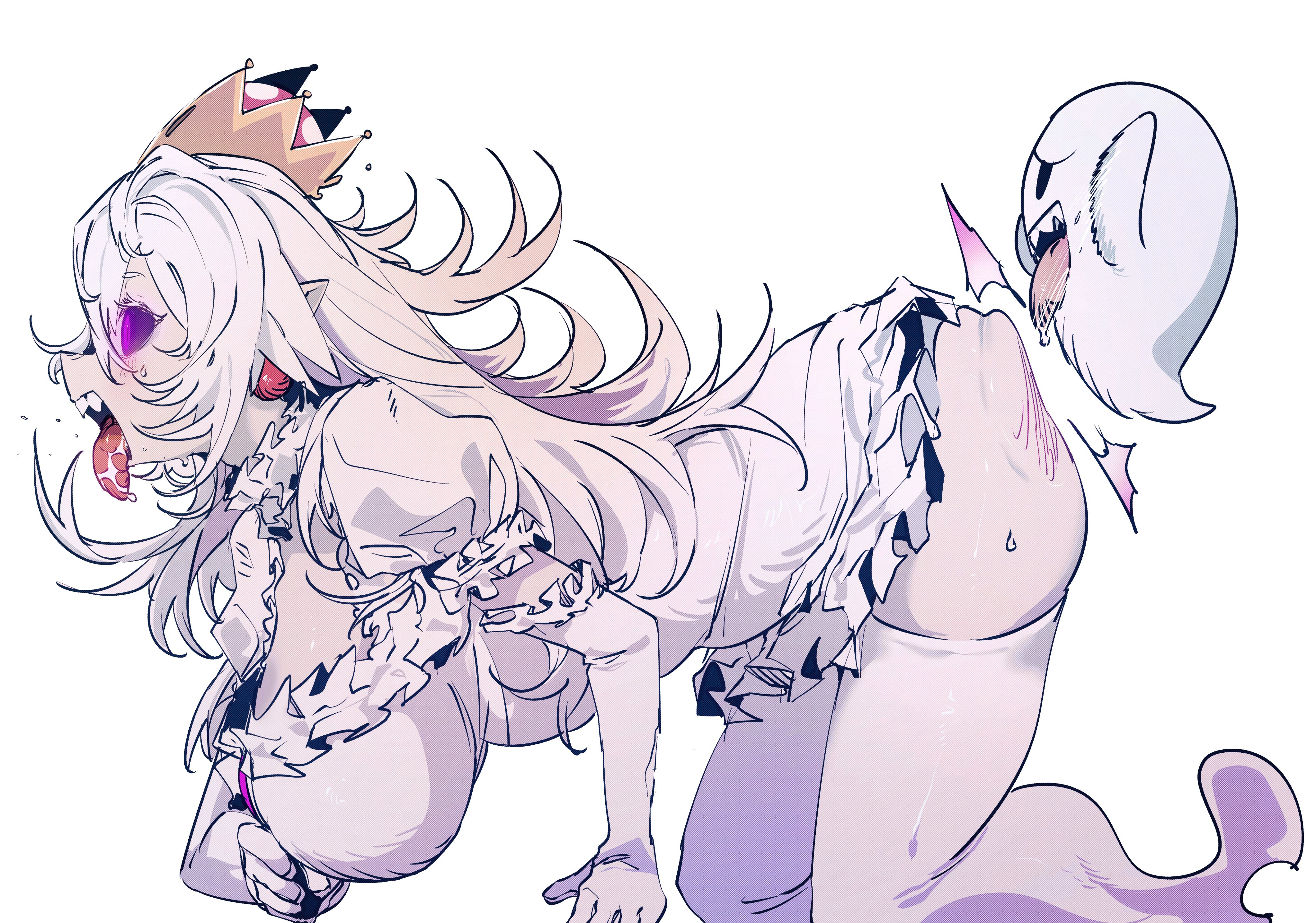absurdres, all fours, ass, black sclera, blush, boo (mario), boosette, breasts, colored sclera, colored tongue, crown, dda ri, dress, earrings, elbow gloves, female, gloves, glowing, glowing eyes, hair between eyes, highres, jewelry, large breasts, long hair, luigi's mansion, mario (series), new super mario bros. u deluxe, nintendo, open mouth, pointy ears, puffy sleeves, purple eyes, purple tongue, rippling ass, sharp teeth, sidelocks, simple background, slap mark, solo, spank marks, spanking, sweatdrop, teeth, thighhighs, tongue, tongue out, upper teeth, white gloves, white hair, white thighhighs
