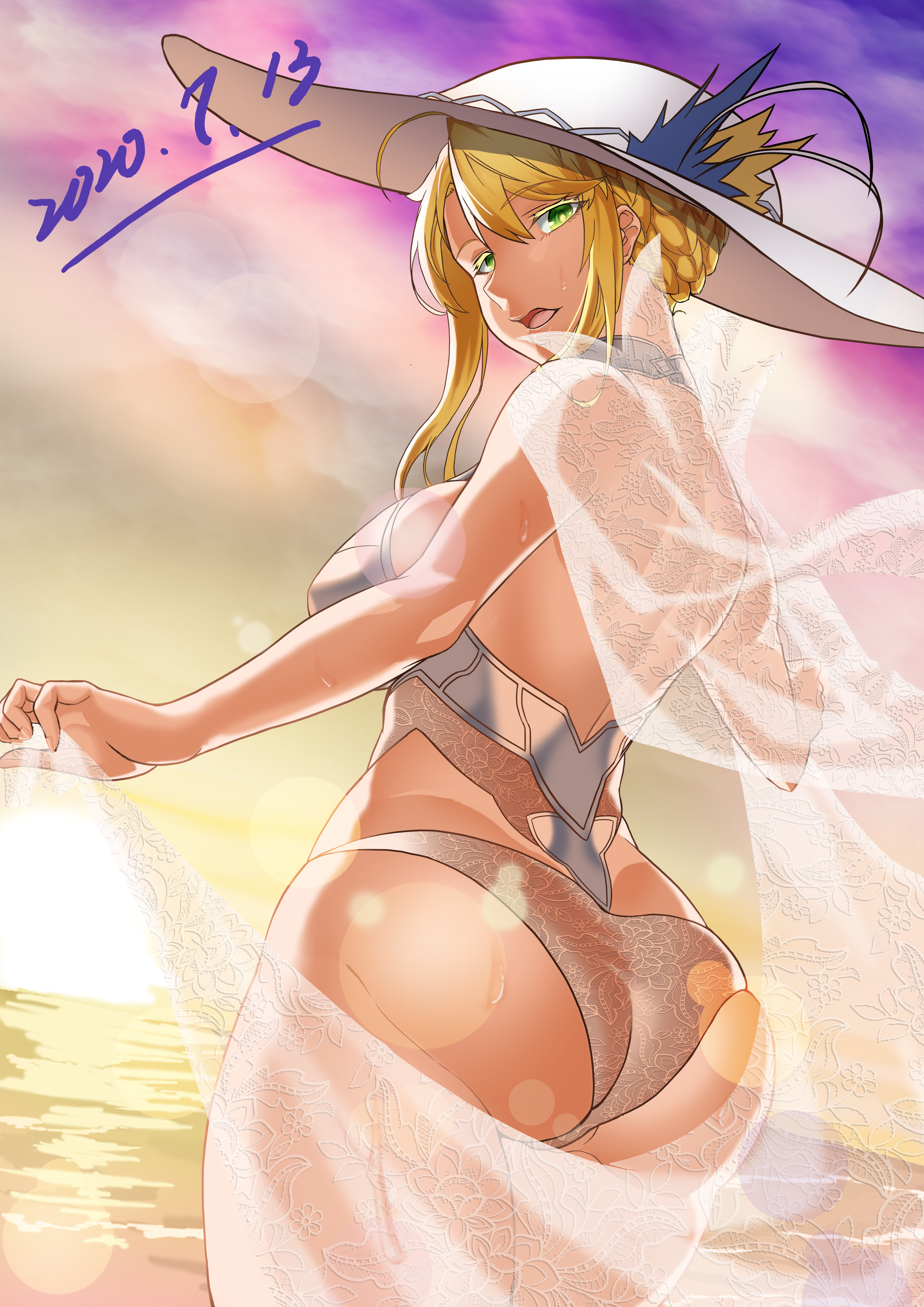 absurdres, artoria pendragon, artoria pendragon (swimsuit ruler), artoria pendragon (swimsuit ruler) (second ascension), artoria pendragon (swimsuit ruler) (second ascension) (fate), ass, back, bare shoulders, blonde hair, braid, breasts, dated, fate (series), fate/grand order, female, french braid, gradient sky, green eyes, hair between eyes, hat, highleg, highleg swimsuit, highres, large breasts, long hair, looking back, ocean, one-piece swimsuit, open mouth, orange sky, photoshop (medium), shiiki (love-saber), sidelocks, sky, sun hat, sunset, swimsuit, thighs, white headwear, white one-piece swimsuit