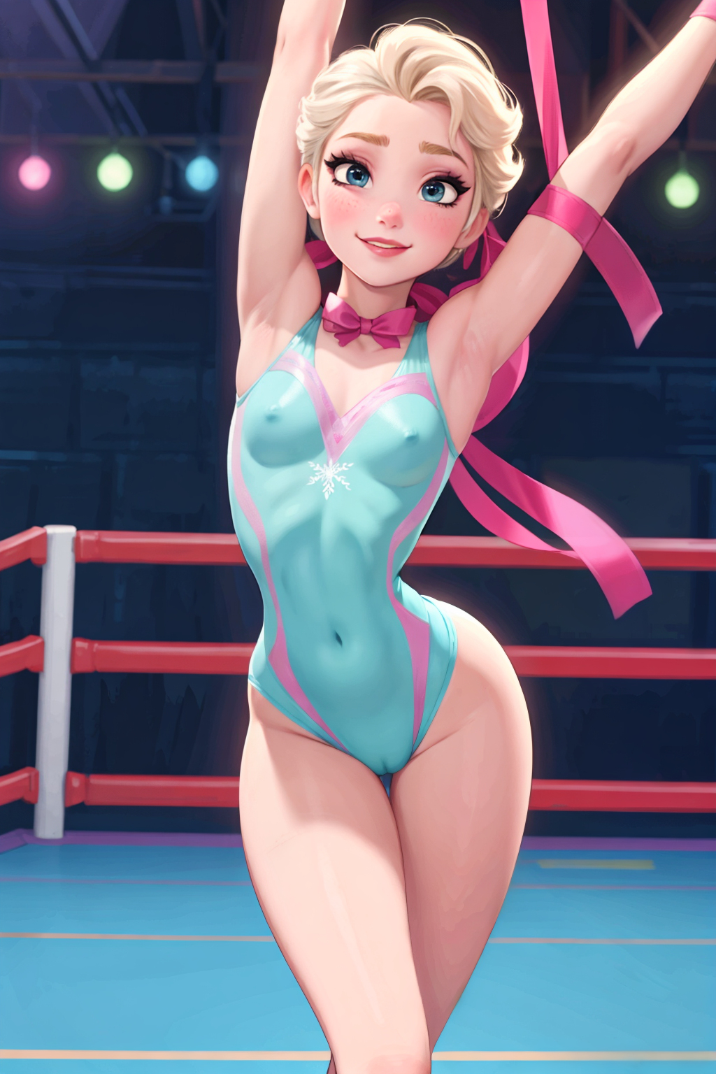 ai_generated disney disney_princess elsa_(frozen) frozen_(film) frozen_2 light-skinned_female light_skin one-piece_swimsuit sexy_dance skindentation smiling smooth_skin