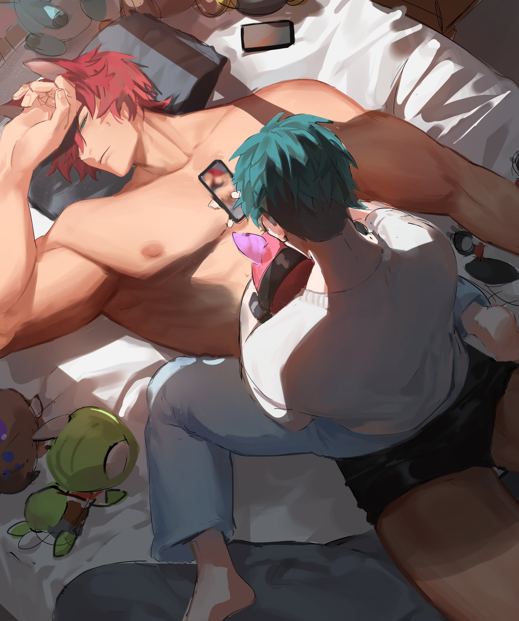 abs, aphelios, aqua hair, bed, clothed, clothing, gay, heartsteel aphelios, heartsteel series, heartsteel sett, large pectorals, league of legends, male, male only, male/male, muscular, muscular male, pecs, pectorals, phone, red hair, sett, sitting, sitting on person, sleeping, taking picture, thick thighs, twink, underwear, underwear only, yaoi