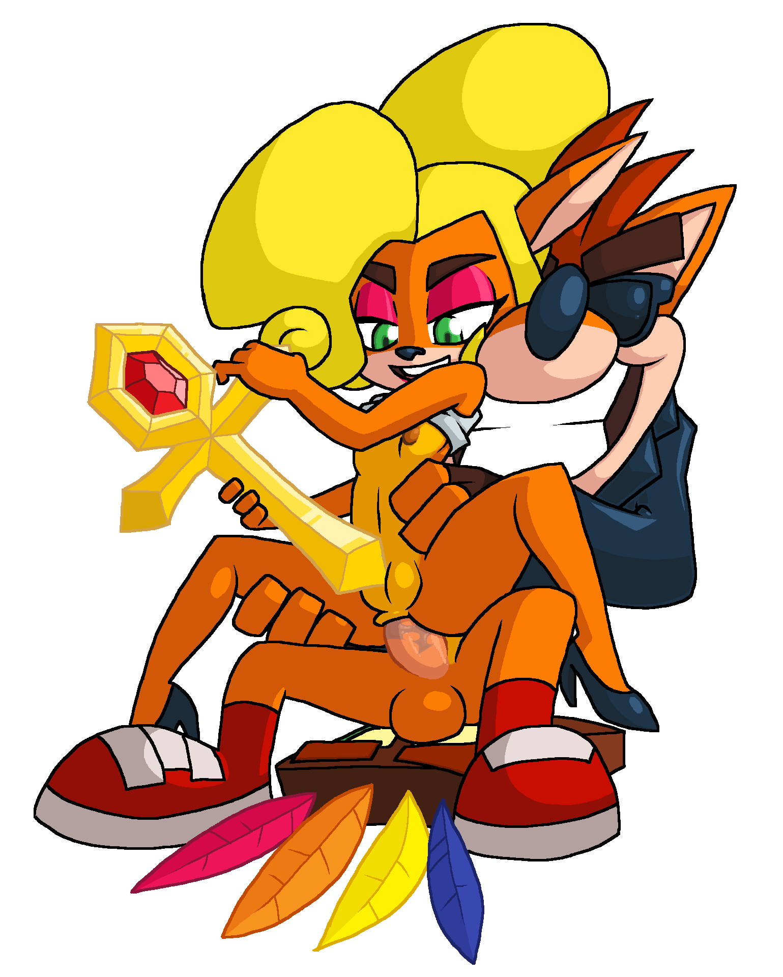 aku_aku anal anal_sex anthro anthro_on_anthro balls bandicoot blonde_hair bottomless brother brother_and_sister clothed clothing clothing_lift coco_bandicoot crash_(series) crash_bandicoot crash_bandicoot:_warped duo eyebrows eyeshadow eyewear female footwear fur gloves green_eyes hair hi_res high_heels incest jacket lipstick looking_at_viewer makeup male mammal marsupial mask monochrome nipples orange_fur penetration penis praiz pussy red_hair relic shirt shirt_lift shoes sibling simple_background sister sitting smile straight sunglasses teeth time_relic video_games yellow_fur