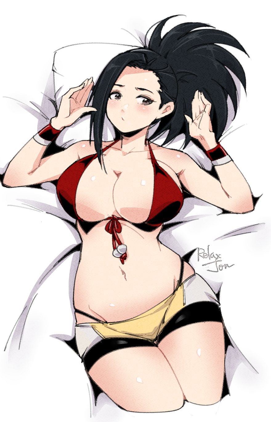 1girls, 2d, artist name, bikini, bikini top, black eyes, black hair, black-haired female, breasts, female, female only, huge breasts, large breasts, light skin, light-skinned female, long hair, lying on bed, momo yaoyorozu, my hero academia, pale skin, pale-skinned female, pillow, ponytail, relaxjon, shorts, simple background, solid color background, solo, tight clothing, tight fit, watermark, wristband, yaoyorozu momo