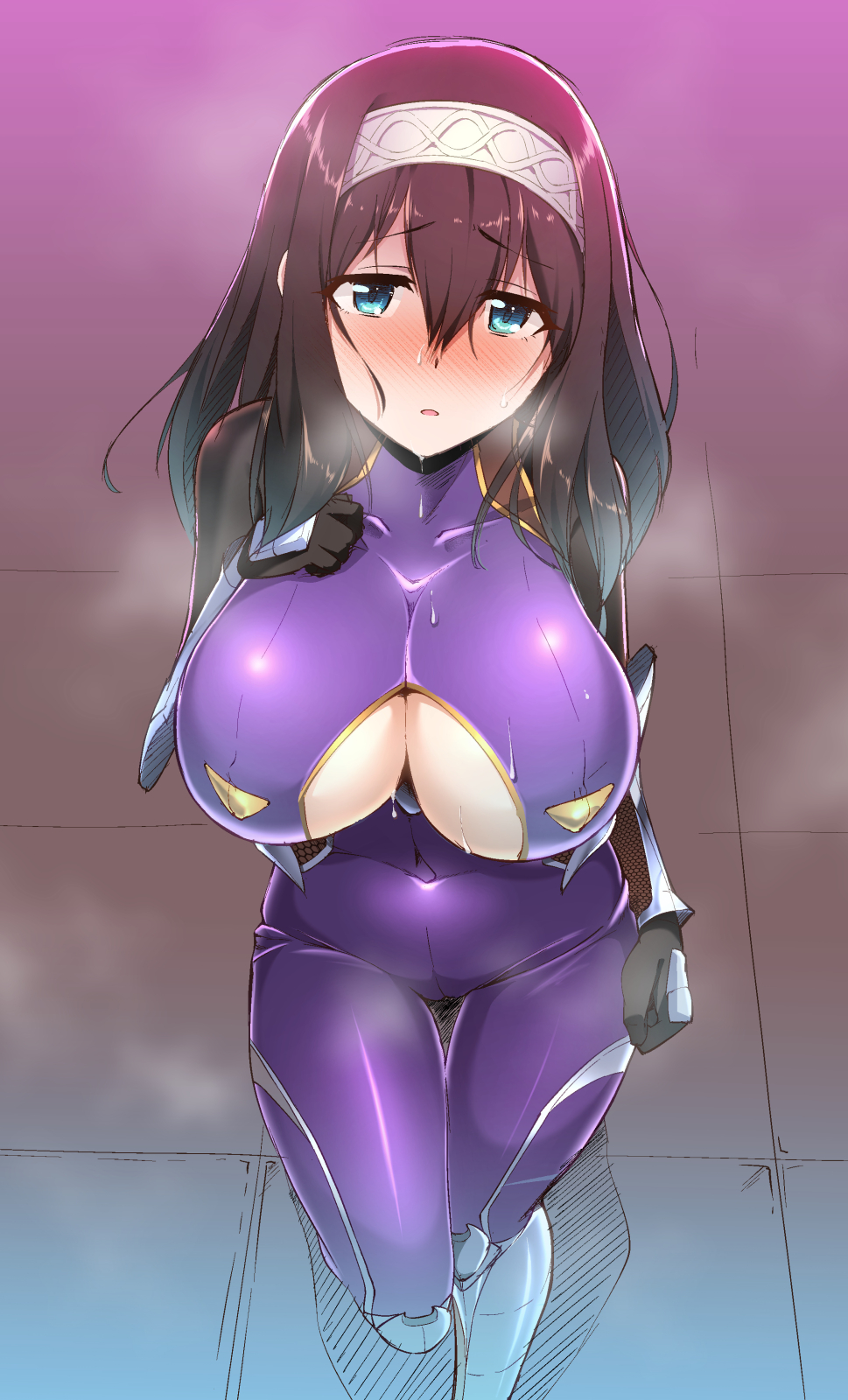 akiyama_rinko akiyama_rinko_(cosplay) black_hair blue_eyes blush bodysuit breasts cleavage_cutout clothing_cutout cosplay female hairband highres idolmaster idolmaster_cinderella_girls impossible_bodysuit impossible_clothes large_breasts long_hair looking_at_viewer matatabi_(2ccp) open_mouth purple_bodysuit sagisawa_fumika skin_tight solo sweat taimanin_(series) taimanin_suit taimanin_yukikaze