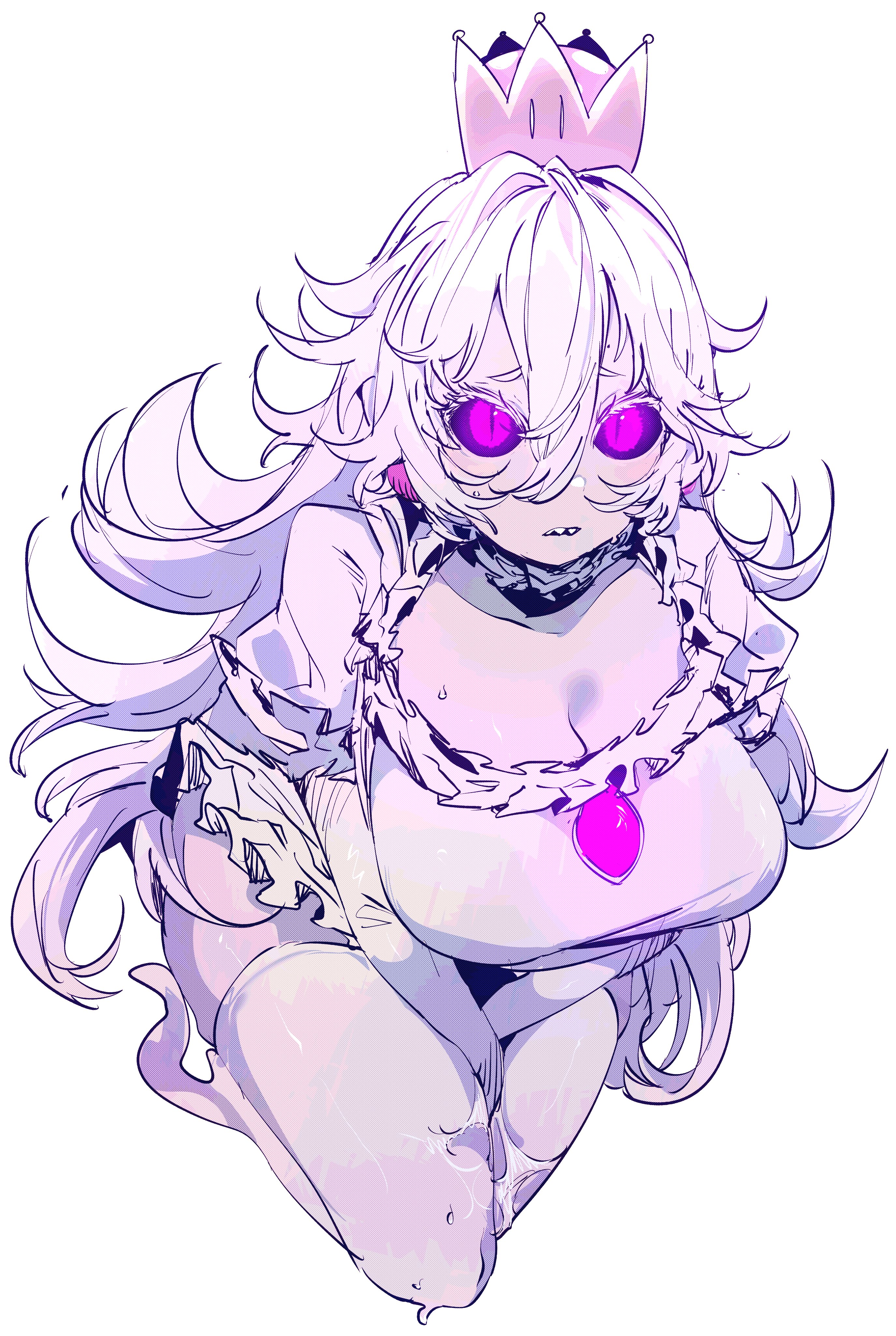 absurdres, between legs, black sclera, blush, boosette, breasts, cleavage, colored sclera, colored skin, crown, dda ri, dress, elbow gloves, female, furrowed brow, ghost tail, gloves, hair between eyes, hand between legs, highres, large breasts, long hair, looking at viewer, mario (series), new super mario bros. u deluxe, nintendo, puffy sleeves, purple eyes, sharp teeth, sidelocks, simple background, skindentation, slit pupils, solo, super crown, sweatdrop, teeth, thighhighs, upper teeth, white background, white gloves, white hair, white thighhighs