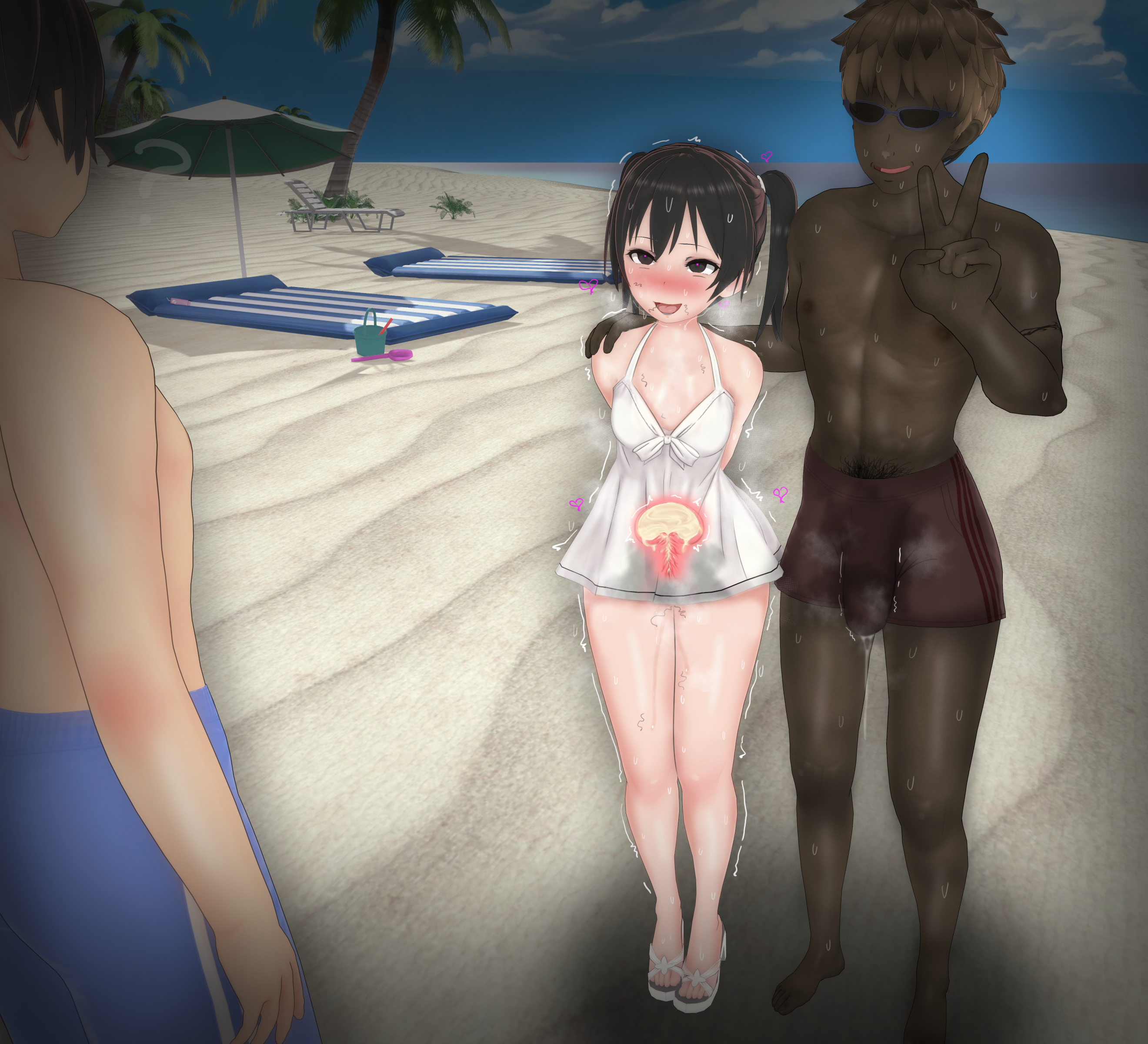:d, 1girls, 2boys, 3d, absurd res, absurdres, after sex, after vaginal, background character, beach, black eyes, black hair, blush, breasts, brown hair, cervix, cheating, cheating girlfriend, clueless, cuckold, cum, cum in pussy, cum in uterus, cum inside, cum plugged, dark skin, dark-skinned male, day, erection, erection under clothes, excessive precum, female, hi res, high resolution, highres, light skin, light-skinned female, light-skinned male, looking at another, male, multiple boys, multiple males, netorare, ntr, open mouth, open-mouth smile, original, outside, peace sign, precum, precum through clothing, pussy, pussy juice, see-through, smile, steam, steaming body, stray pubic hair, sunglasses, sweat, sweatdrop, swimsuit, symbol-shaped pupils, tied hair, trembling, twintails, uncensored, uterus, v, vyrus smith, wet, white dress, x-ray