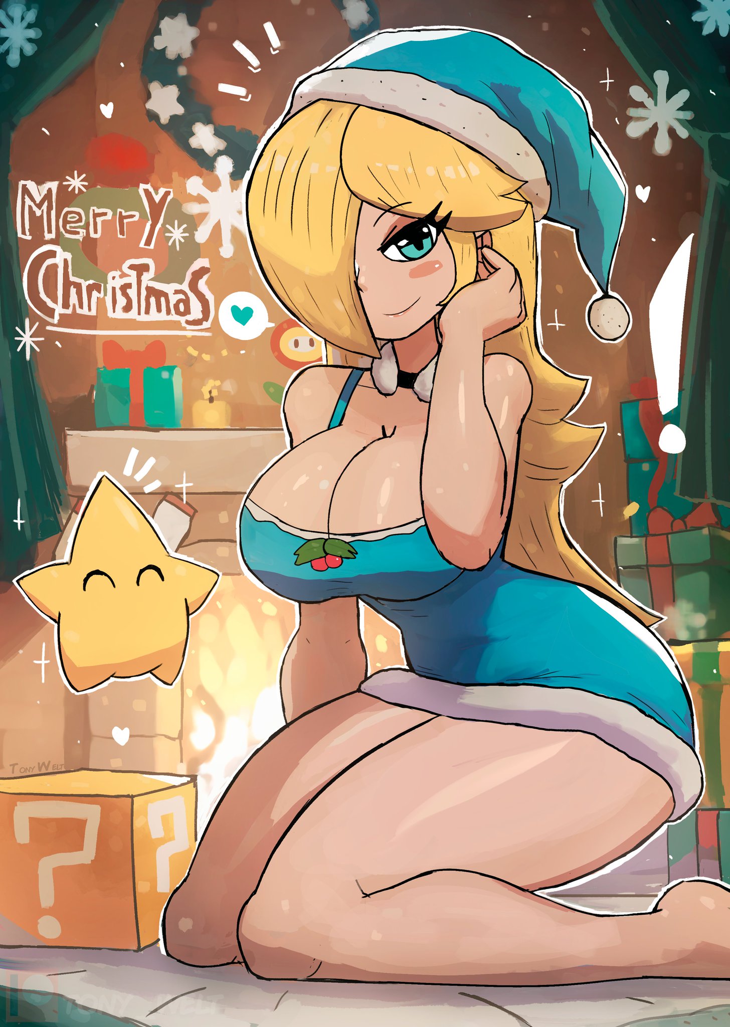 1girls, 2020s, 2023, artist name, big breasts, blonde hair, blue eyes, breasts, choker, christmas, female, female only, hair over one eye, hat, holidays, long hair, looking at viewer, luma, mario (series), nintendo, on knees, princess rosalina, santa hat, short dress, smile, solo, spoken heart, super mario galaxy, tony welt