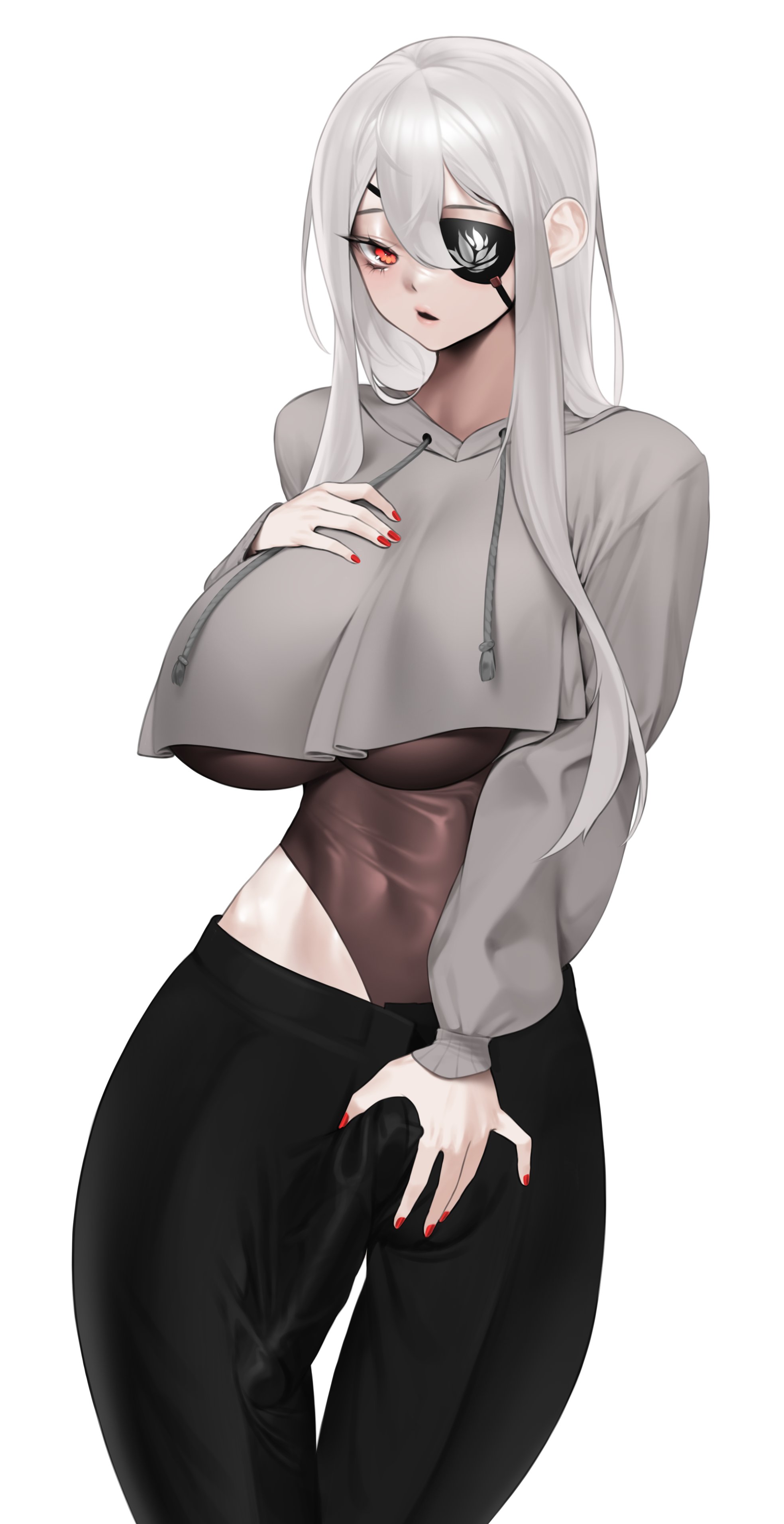 1futa, big breasts, big penis, breasts, clothed, clothing, crop top, erection, erection under clothes, eye patch, eyepatch, fully clothed, futa only, futanari, grey hair, horny, human, intersex, light skin, light-skinned futa, long hair, looking at viewer, norunollu, penis, red eyes, red nails, rodr 339, solo, standing, thick thighs, white hair, wide hips