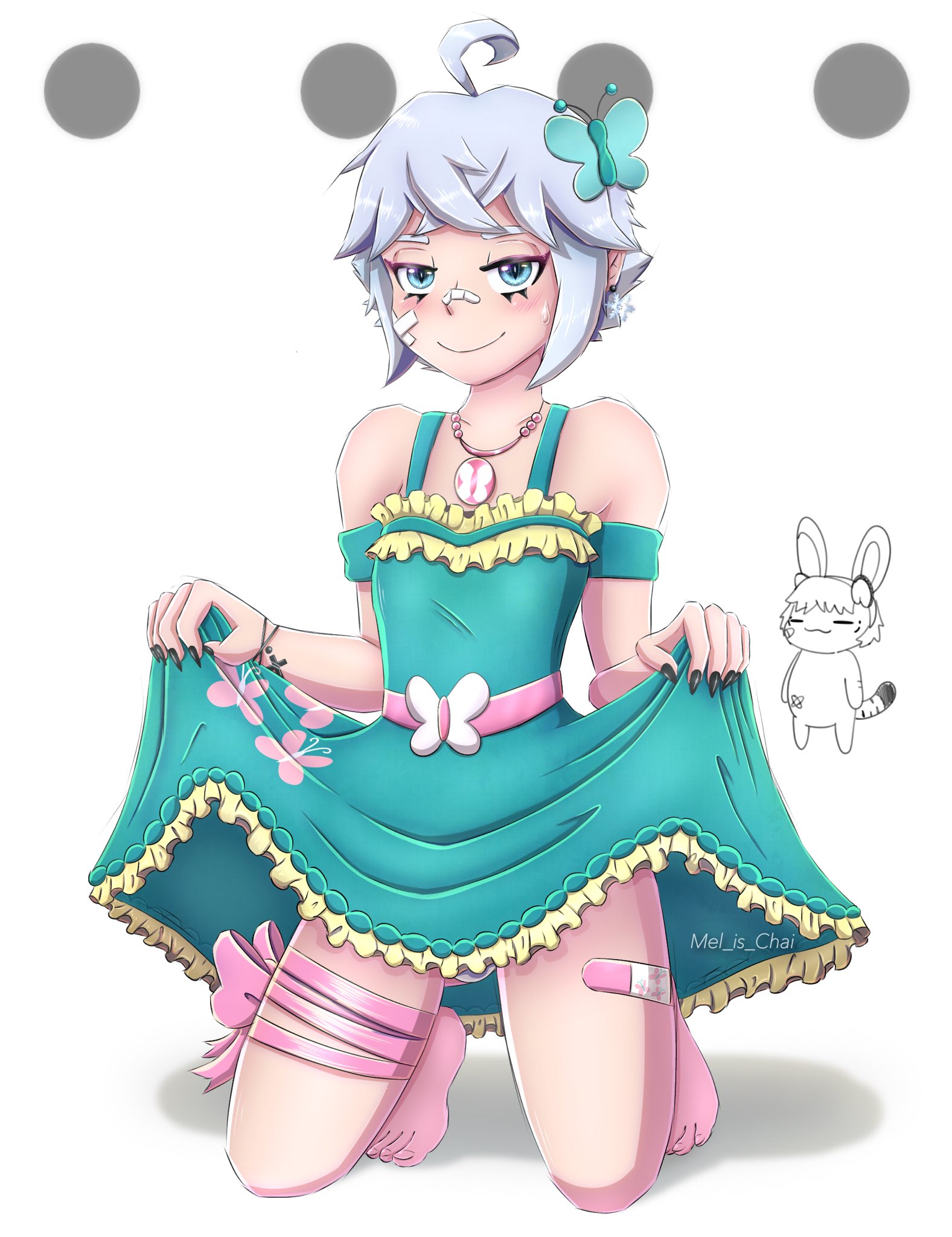 blue eyes, cute, dress, feet, femboy, indie virtual youtuber, kneeling, looking at viewer, male, taiga (bungotaiga), taigaxholic, virtual youtuber, white hair