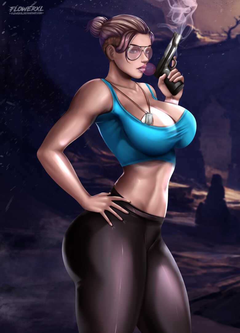 1girls 2d artist_logo athletic athletic_female black_pants blonde_hair blue_eyes blue_tank_top breasts bubblegum cassie_cage choker female female_focus female_only flowerxl glasses hair_ornament hand_on_hip hand_on_weapon large_breasts light-skinned_female looking_at_viewer midriff mortal_kombat mortal_kombat_11 pistol purple_lipstick side_view solo sunglasses thick_thighs tinted_eyewear video_game_character voluptuous_female weapon