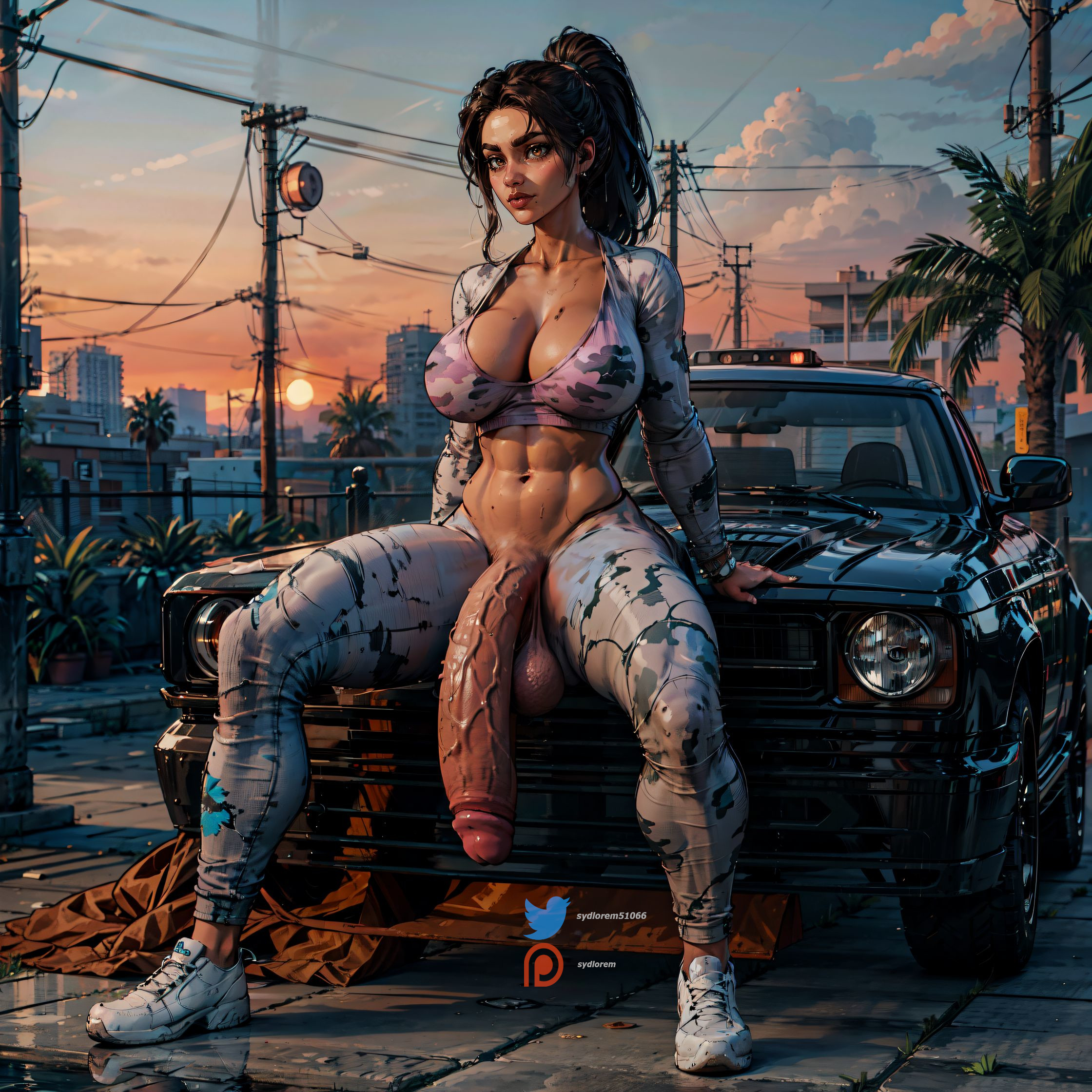 1futa, ai generated, balls, big balls, big breasts, big penis, big testicles, breasts, camouflage, car, circumcised, dickgirl, flaccid, flaccid penis, futa only, futanari, grand theft auto vi, highres, huge balls, huge cock, intersex, large balls, large breasts, large penis, latina, legs apart, low hanging balls, lucia caminos, pants, penis, self upload, sitting, sunset, sydlorem, testicles, thick penis, thick thighs, uncensored, veiny balls, veiny penis, veiny testicles