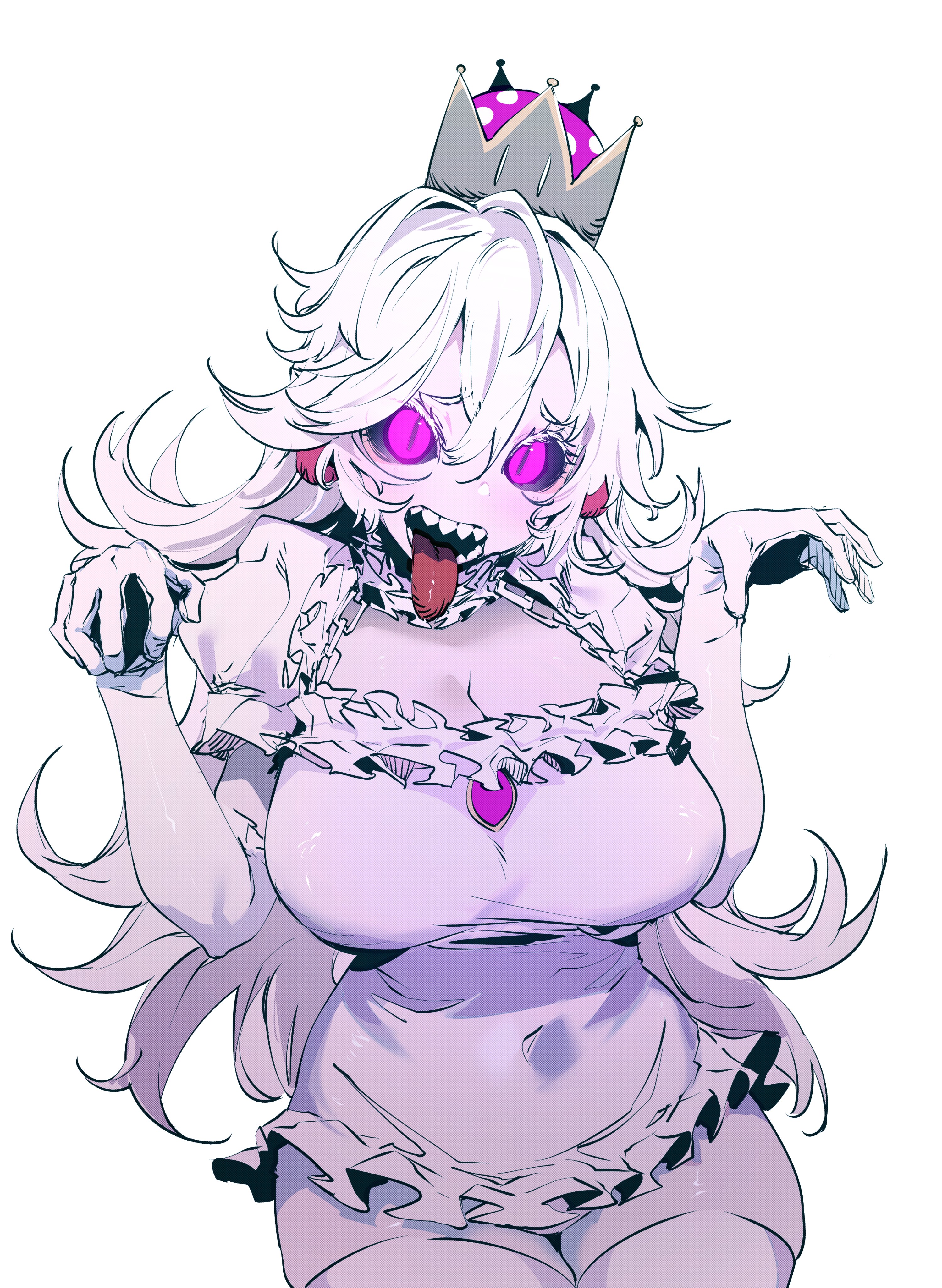 absurdres, black sclera, boosette, breasts, cleavage, collar, crown, dda ri, dress, elbow gloves, female, frilled collar, frills, ghost, gloves, hair between eyes, highres, jewelry, large breasts, long hair, looking at viewer, mario (series), new super mario bros. u deluxe, nintendo, open mouth, pink eyes, purple eyes, sharp teeth, short sleeves, simple background, skindentation, slit pupils, super crown, teeth, thighhighs, tongue, tongue out, white background, white dress, white gloves, white hair, white thighhighs