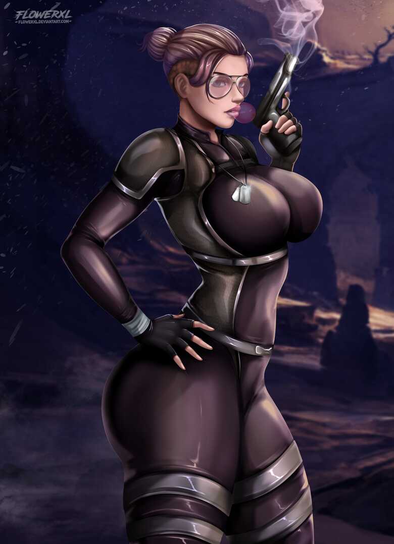 1girls 2d artist_logo athletic athletic_female black_suit blonde_hair blue_eyes bodysuit breasts bubblegum cassie_cage choker female female_focus female_only flowerxl glasses hair_ornament hand_on_hip hand_on_weapon large_breasts light-skinned_female looking_at_viewer midriff mortal_kombat mortal_kombat_11 pistol purple_lipstick side_view solo sunglasses thick_thighs tinted_eyewear video_game_character voluptuous_female weapon