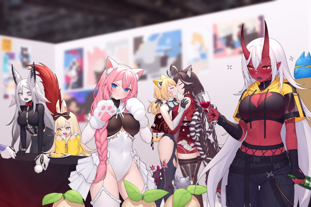 akumi blonde_hair blue_eyes bunny_ears cat_ears catgirl dog_ears dog_girl dya_rikku_(vtuber) female fox_ears long_hair momotexx_(vtuber) oni oni_horns pink_hair red_eyes red_skin squchan_(vtuber) twintails virtual_youtuber vyugen white_hair yellow_eyes yenko yuniiho_(character) yuri