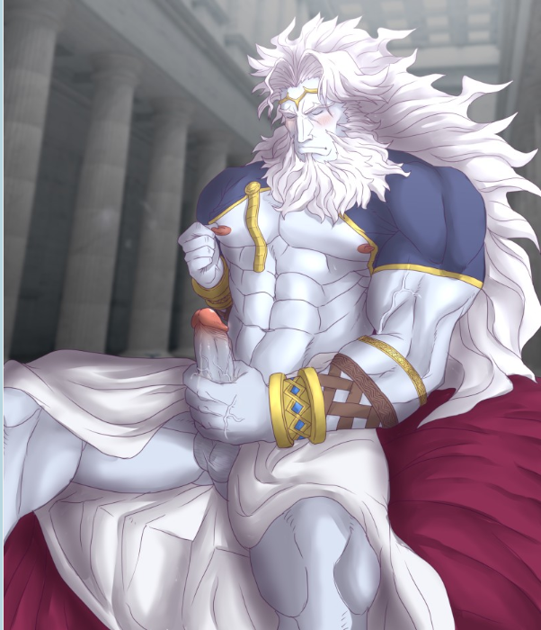 abeberries balls bara beard blush boner closed_eyes clothing erection facial_hair fate/grand_order fate_(series) long_hair male male_only masturbation muscles muscular penis solo solo_male white_body white_hair white_skin zeus_(fate)