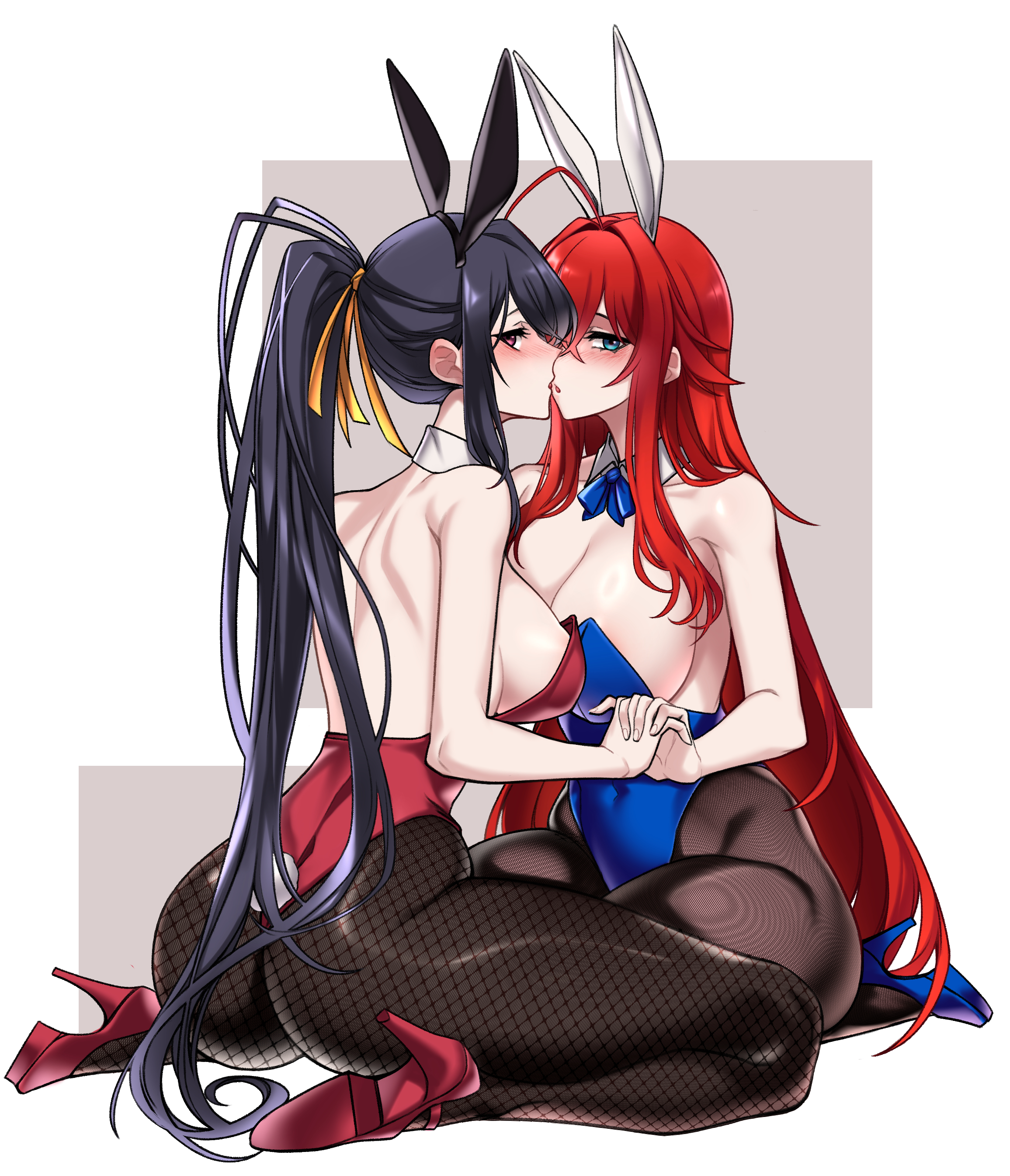 :o, 2girls, absurd res, absurdres, ahoge, akeno himejima, animal ears, aqua eyes, ass, asymmetrical docking, back, bare shoulders, black hair, blue bow, blue bowtie, blue footwear, blue leotard, blush, bow, bowtie, breast press, breasts, brown pantyhose, bunny ears, bunny girl, bunnysuit, cleavage, crossed bangs, curvy, detached collar, dogs (dlrkdejr26), fake animal ears, female, female focus, female only, fishnet pantyhose, fishnets, full body, hair between eyes, hair ribbon, hairband, hi res, high heels, high ponytail, high school dxd, highleg, highleg leotard, highres, holding hands, imminent kiss, large breasts, leotard, long hair, looking at viewer, multiple girls, pantyhose, parted lips, rabbit ears, rabbit tail, red eyes, red footwear, red hair, red leotard, rias gremory, ribbon, sideboob, sitting, strapless, strapless leotard, tail, thick thighs, thighs, thong, thong leotard, very long hair, wariza, yellow ribbon, yuri