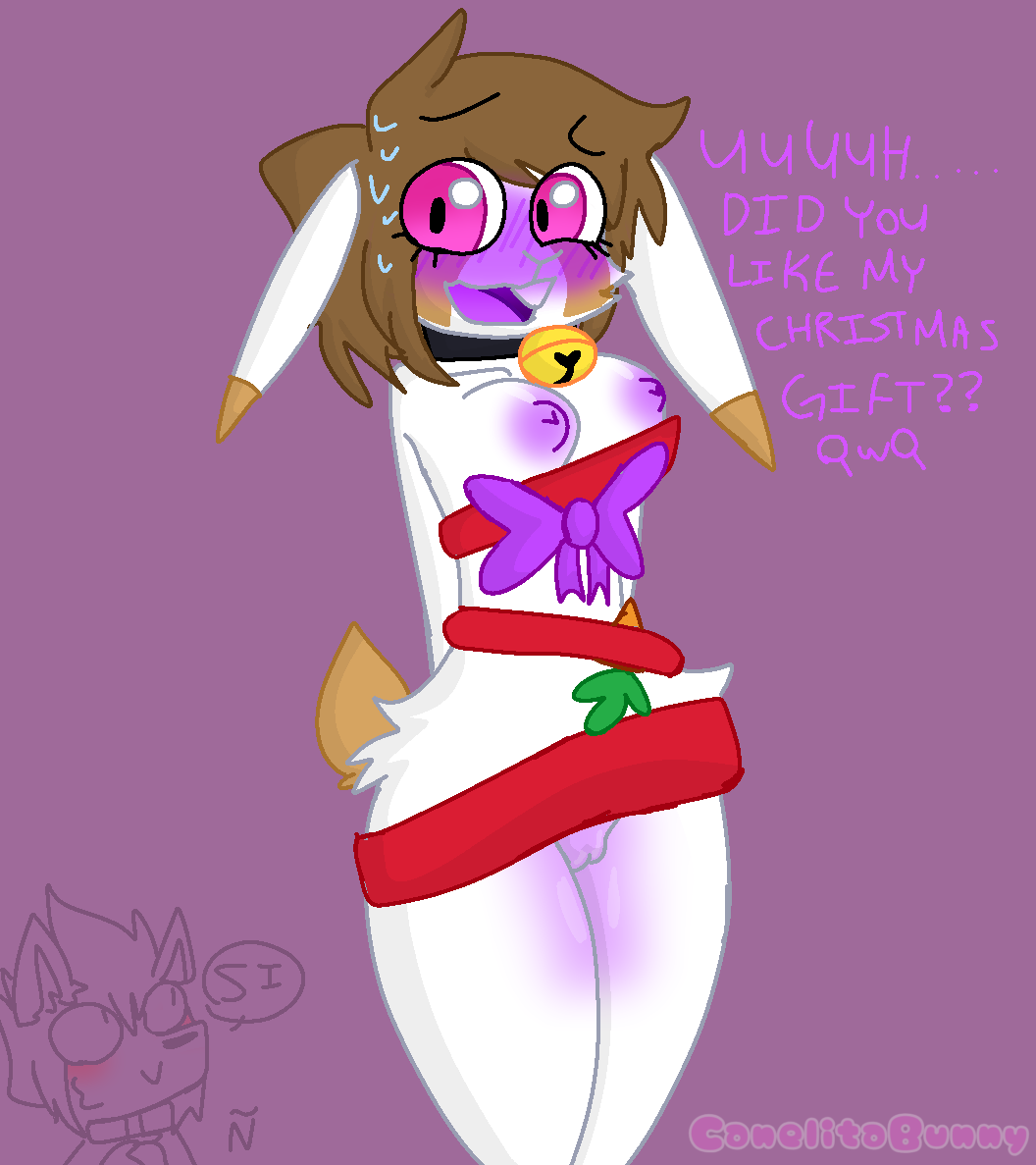 anthro blush blushing brown_hair bunny bunny_ears bunny_girl bunny_humanoid bunny_tail canela_(canelitabunny) canelitabunny canine canine_humanoid carrot christmas christmas_gift dog dog_collar dog_ears dog_humanoid english_text furry nervous nipples pink_eyes purple_blush purple_nipples purple_tongue qwq rabbit rabbit_ears rabbit_girl rabbit_humanoid rabbit_tail spanish_text white_fur