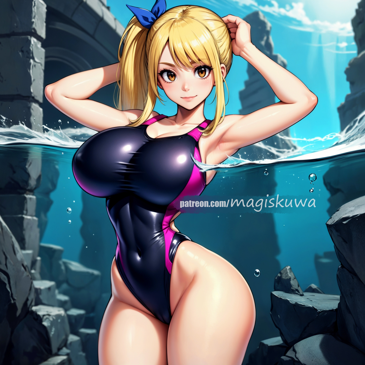 1girls, ai generated, artist request, big breasts, blonde hair, breasts, fairy tail, female, female only, looking at viewer, lucy heartfilia, solo, solo female, swimsuit