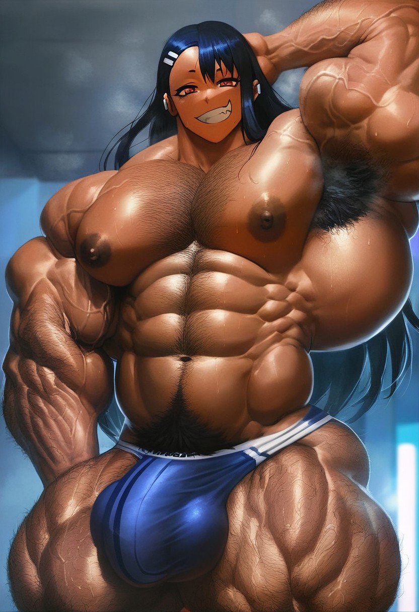 abs ai_generated ambush_(trap) arm_behind_head arm_hair armpit_hair bara barechested biceps black-skinned_male black_hair bulge chest_hair civitai excessive_pubic_hair genderswap_(ftm) grin hair_ornament hairclip hairy hayase_nagatoro large_pectorals leg_hair long_hair male male_only muscular muscular_male navel_hair nipples pectorals please_don't_bully_me,_nagatoro pubic_hair pubic_hair_peek rule_63 steaming_body thick_arms thighs underwear