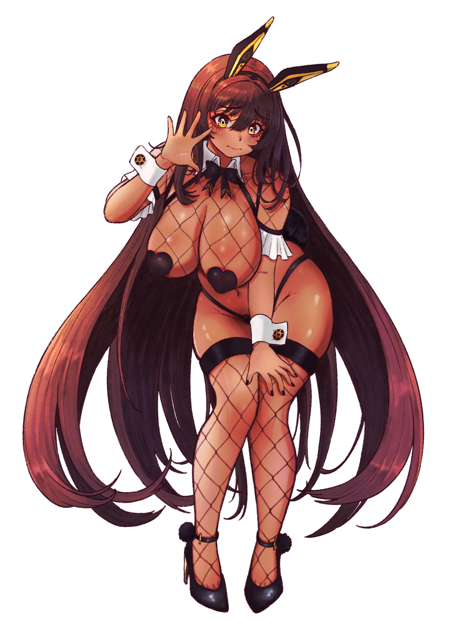 belly, blush, breasts, brown hair, bunny ears, dark skin, female, fishnets, goddess of victory: nikke, heart pasties, large breasts, long hair, nipple pasties, noir (nikke), pasties, thick thighs, waving, white background, wide hips, yellow eyes