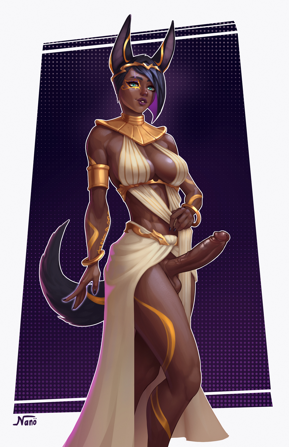1futa, alternate version available, animal ears, balls, big breasts, big penis, black hair, bottomless, breasts, clothed, clothing, dark skin, dark-skinned futa, dog ears, dog tail, egyptian mythology, erection, futa only, futanari, humanoid, humanoid penis, intersex, kemonomimi, long hair, mostly clothed, nanodeath, penis, solo, standing