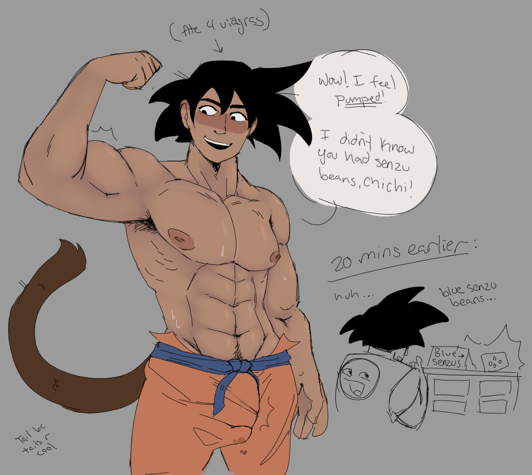 1boy areola awesome_face bara barazoku black_hair boner_in_pants dragon_ball dragon_ball_z flashback flexing flexing_bicep gullible hard_on male male_only muscular muscular_male nipples no_top nsfwbunniii pants_only pecs pectorals precum pubic_hair saiyan saiyan_tail snail_trail solo solo_male son_goku tail tan_skin text_bubble throbbing_penis torn torn_clothes viagra wet_spot