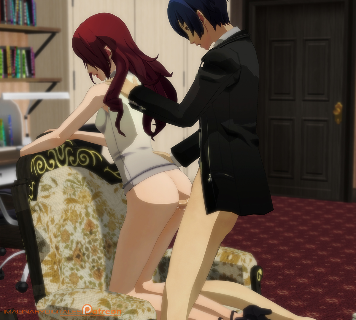 1boy, 1girls, 3d, anal, ass, blue hair, bottomless, clothing, doggy style, duo, female, from behind, hair, imaginarydigitales, male, megami tensei, mitsuru kirijo, penetration, penis, persona, persona 3, red hair, sex, shirt, straight, video games, yuuki makoto