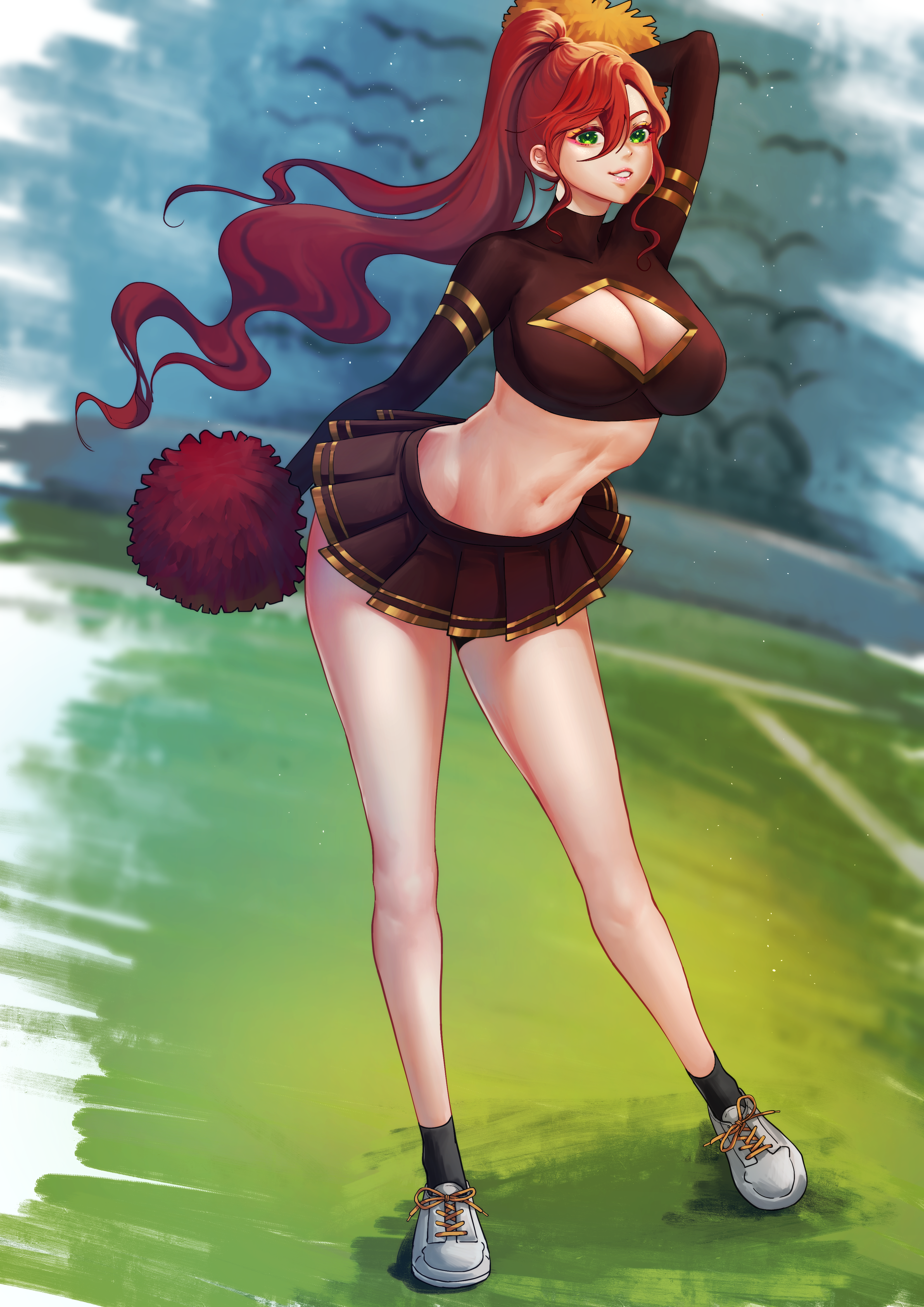 cheerleader, cheerleader uniform, cleavage, cleavage cutout, cleavage window, female, female only, fully clothed, lillica, long hair, midriff, miniskirt, pyrrha nikos, red hair, rwby, skirt
