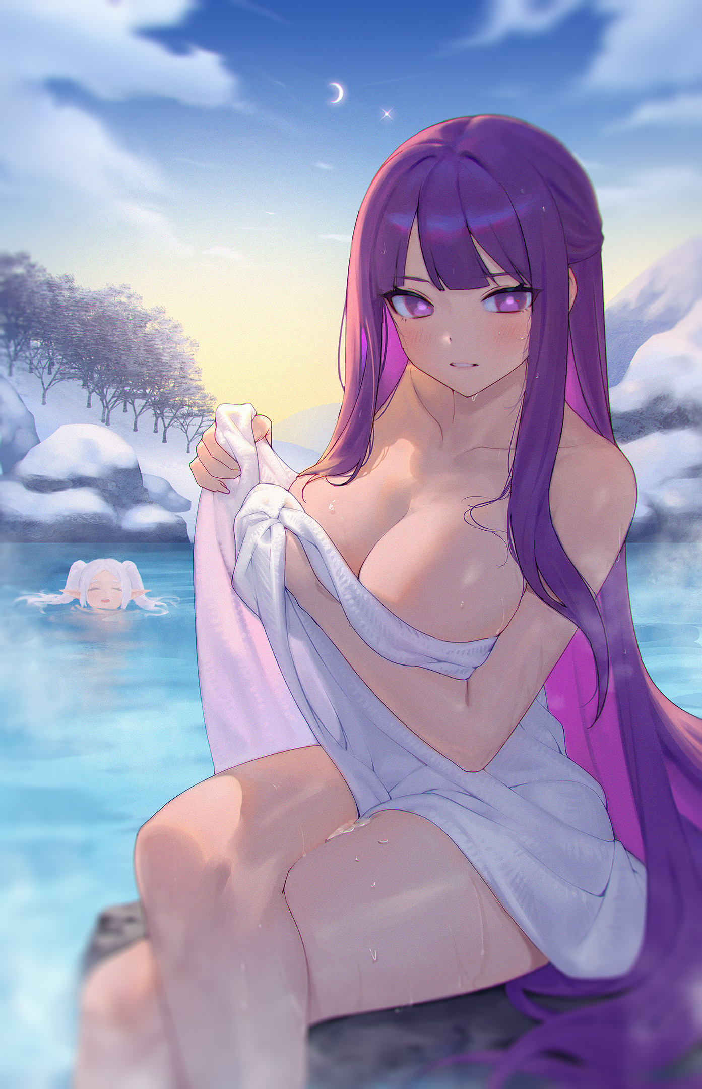 ^ ^, 2girls, bare arms, bare shoulders, bathing, blue sky, breasts, bright pupils, cleavage, closed eyes, cloud, commentary, crescent moon, crossed legs, feet out of frame, female, female only, fern (sousou no frieren), frieren, highres, hot spring, large breasts, long hair, looking at viewer, moon, multiple females, multiple girls, naked towel, onsen, outdoors, parted lips, pointy ears, purple eyes, purple hair, sitting, siun, sky, snow, solo focus, sousou no frieren, thighs, towel, twintails, very long hair, water, wet, white hair