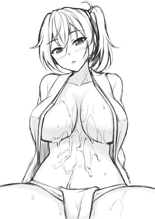 1girls after_sex blush breasts cleavage cum cum_on_body cum_on_breasts cum_on_upper_body eyebrows_visible_through_hair female fundoshi head_tilt japanese_clothes kaga_(kantai_collection) kantai_collection large_breasts looking_at_viewer monochrome navel no_bra open_clothes peach88 peach_(momozen) side_ponytail sitting sketch solo spread_legs sweat