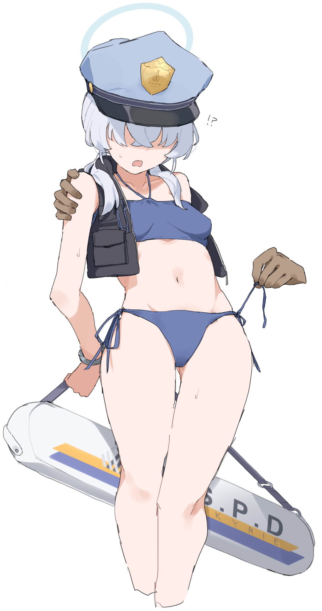 !?, 1girls, bikini, blue archive, bound, breasts, commentary request, cropped jacket, cropped legs, female, grey hair, hair over eyes, halo, hat, hi res, jacket, makkurourufu, navel, open mouth, police hat, restrained, side-tie bikini, side-tie panties, simple background, small breasts, solo, swimsuit, twintails, valkyrie coast guard (blue archive), valkyrie police academy student (blue archive), valkyrie police school logo (blue archive), valkyrie police school student, valkyrie police school student (blue archive), white background