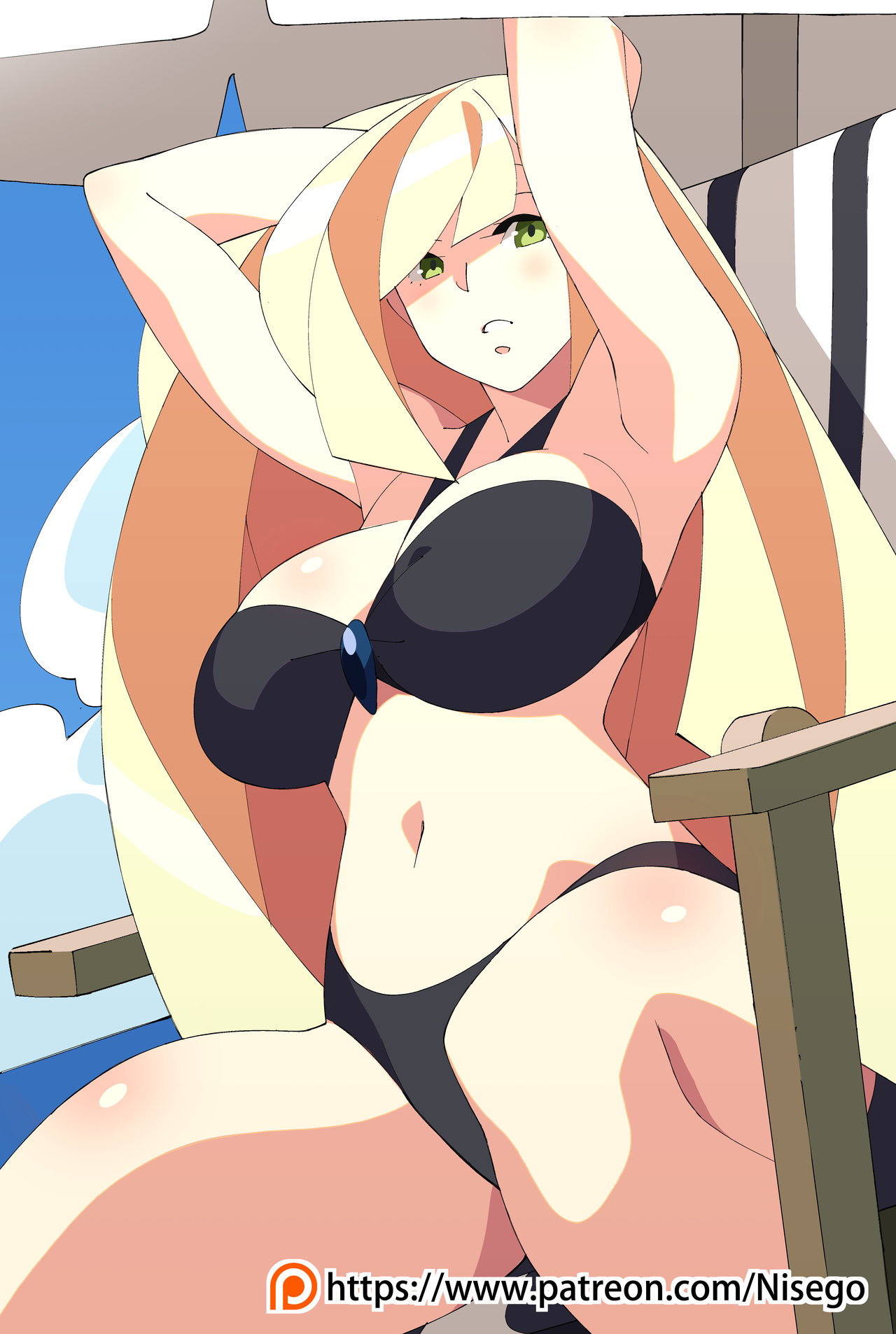 1girls, aether foundation, armpits, arms up, beach, belly, big breasts, bikini, blonde hair, breasts, busty, chair, cleavage, clouds, day, female, female only, green eyes, human, large breasts, long hair, looking at viewer, lusamine (pokemon), midriff, milf, nintendo, nisego, outdoors, pokemon, pokemon dppt, pokemon sm, sitting, sky, text, url, watermark, wide hips