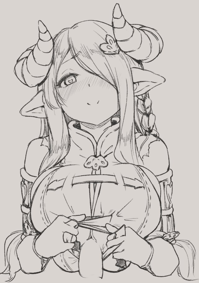 bare_shoulders blush breasts closed_mouth clothed_paizuri clothed_sex commentary_request female granblue_fantasy hair_ornament hair_over_one_eye heart heart-shaped_pupils horns large_breasts long_hair long_sleeves looking_at_viewer narmaya_(granblue_fantasy) noccu nose_blush one_eye_covered paizuri penis pointy_ears smile solo solo_focus straight symbol-shaped_pupils upper_body