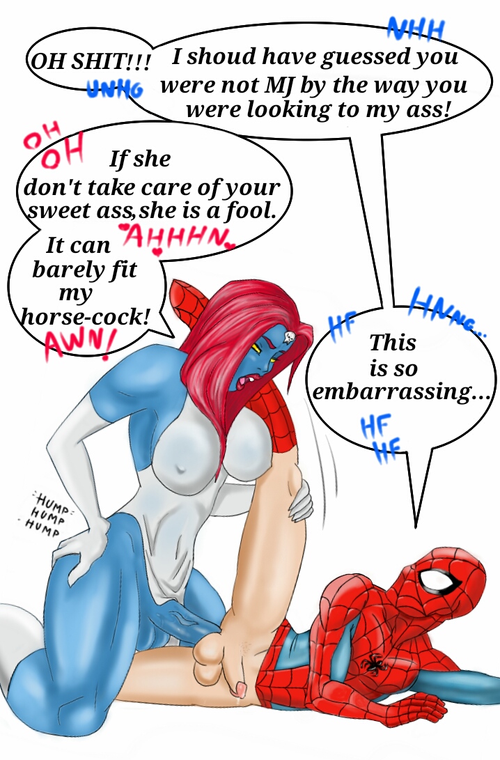 1boy, 1futa, anal, anal sex, blue penis, blue skin, domination, forced, futa is bigger, futa on male, futadom, futanari, horsecock, intersex, male, malesub, marvel, marvel comics, mystique, penis, penis size difference, peter parker, rape, raven darkholme, sex, small penis, spider-man, spider-man (series), text, uncensored, unknown artist, x-men