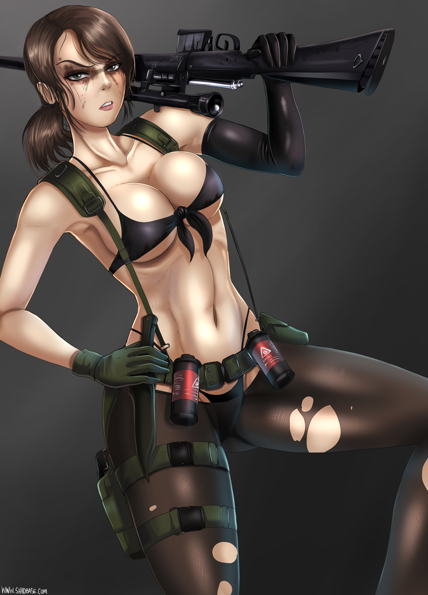 1girls belt bikini brown_hair cleavage female female_only gloves knife konami metal_gear metal_gear_solid metal_gear_solid_v midriff navel pantyhose ponytail quiet_(metal_gear) shadman sniper_rifle solo stefanie_joosten thong thong_bikini thong_panties tied_hair torn_pantyhose weapon whale_tail