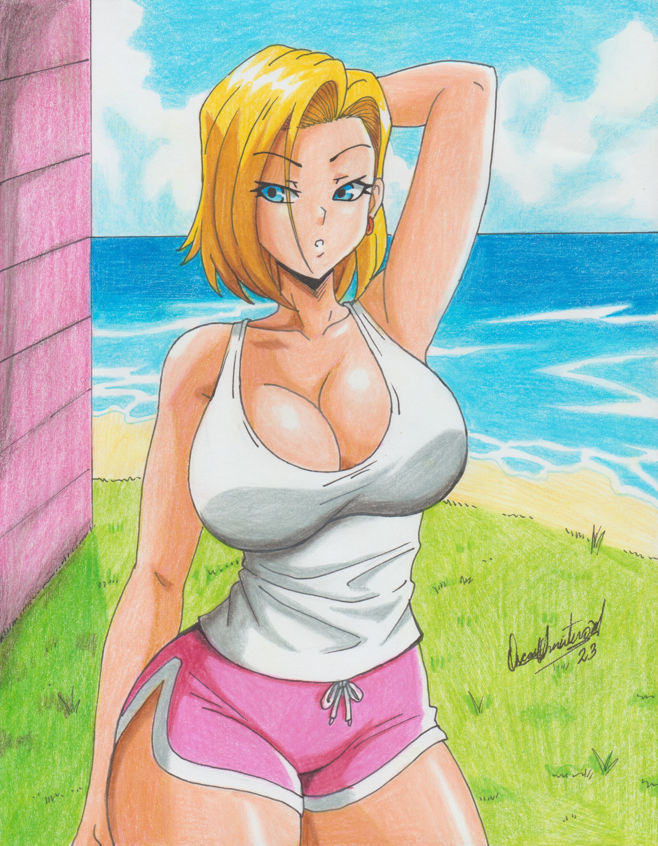 1girls, 2023, 2d, 2d (artwork), absurd res, android, android 18, ass, beach, big breasts, blonde female, blonde hair, blue eyes, breasts, clothed, clothing, cloud, dragon ball, dragon ball z, female, grass, hi res, huge ass, huge breasts, looking away, outside, pink shorts, ravern clouk, sea, shorts, sky, thick hips, thick legs, thick thighs, traditional media (artwork), tshirt, water