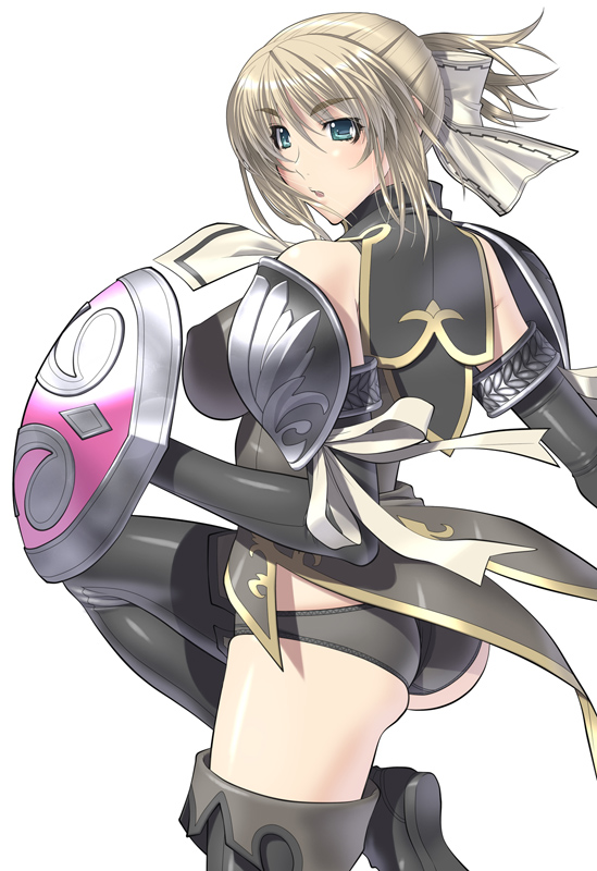 ass back black_panties blonde_hair boots bow cassandra_alexandra elbow_gloves female female_only gloves green_eyes hair_ribbon human kansuke looking_back panties pointy_chin ribbon shield short_hair solo soul_calibur thigh_boots thighhighs underwear