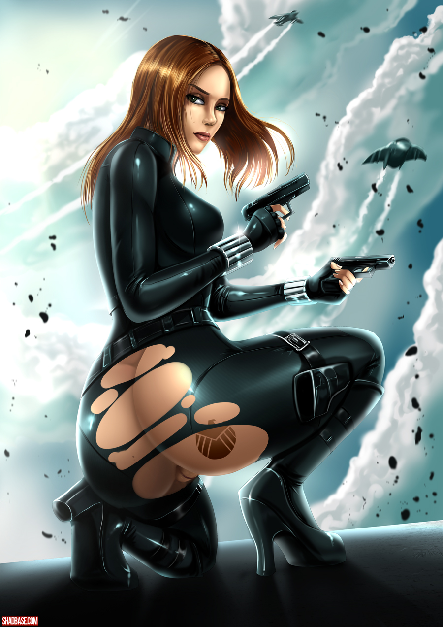 1girls, ass, avengers, black widow (marvel), bodysuit, boots, brown hair, captain america (series), captain america: the winter soldier, disney, dual wielding, female, female only, gun, high heels, human, human only, long hair, marvel, marvel cinematic universe, marvel comics, natasha romanoff, pussy, quinjet, red hair, s.h.i.e.l.d., scarlett johansson, shadman, solo, solo female, straight hair, tattoo, torn bodysuit, torn clothes, weapon