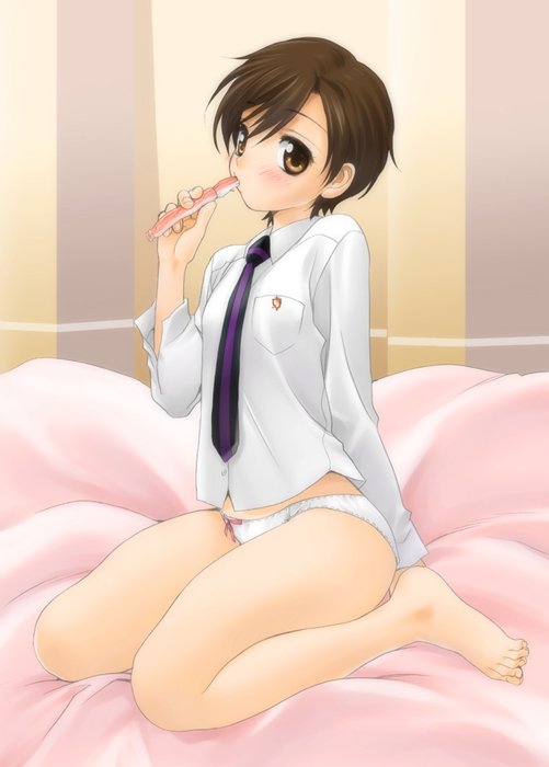 1girls androgynous barefoot crab crossdressing dark_hair feet female fujioka_haruhi haruhi_fujioka human mitarashi_kousei no_pants ouran_high_school_host_club pale_skin panties school_uniform serafuku short_hair solo tomboy underwear very_short_hair